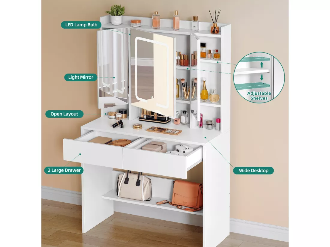 YITAHOME Coiffeuse avec Miroir LED à Luminosité Réglable - Coiffeuse avec 5 Étagères et 2 Tiroir set de Rangement - Blanc