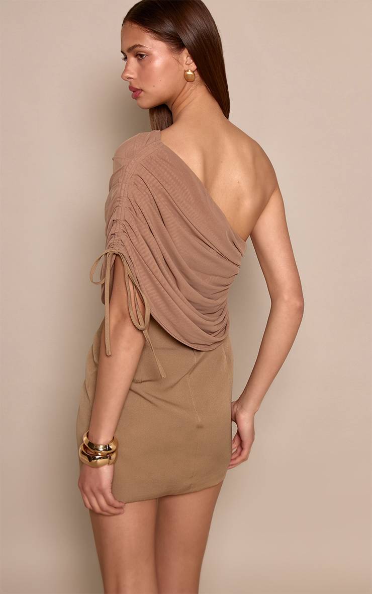 Taupe Robe Corset À Drapé D'épaule En Maille Tissée
