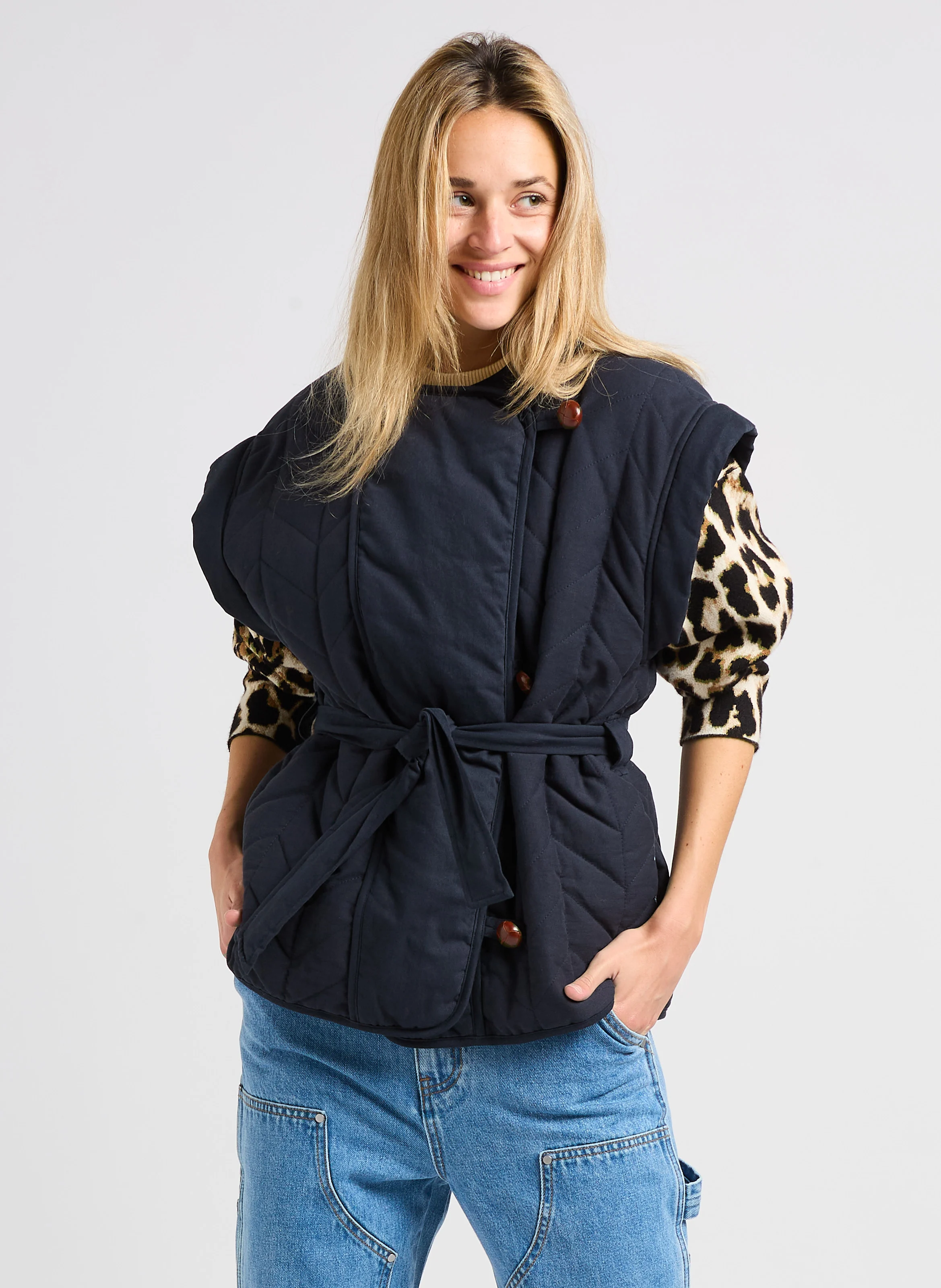 ESCAPE - Veste droite col rond en coton| Bleu