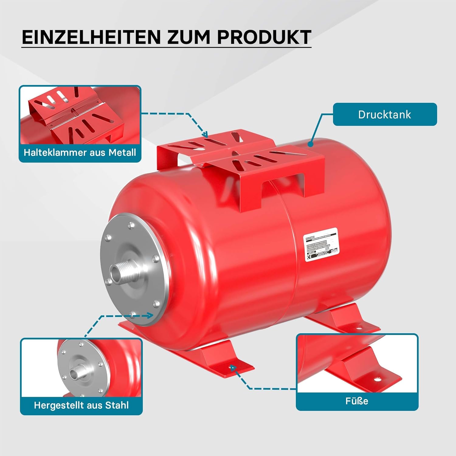 Wiltec Ausdehnungsgefäß 100 Liter, horizontaler Membrankessel für Hauswasserwerke und Druckerhöhungsanlagen mit EPDM Membran