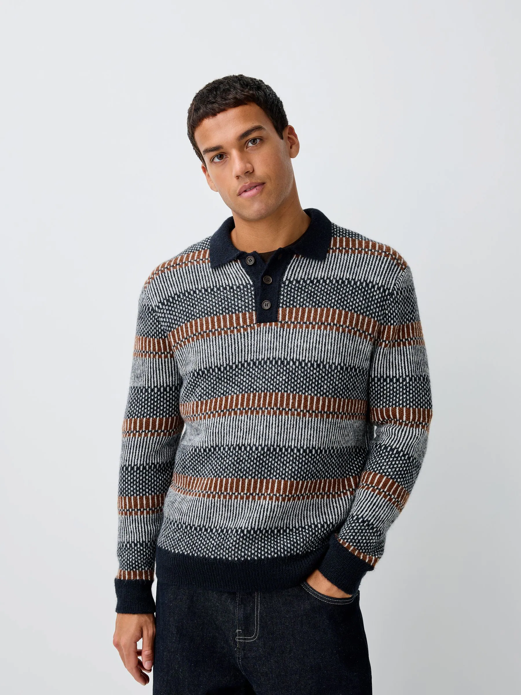 Donkerblauw - Regular Fit Stripe Long Sleeve Knit Polo Shirt