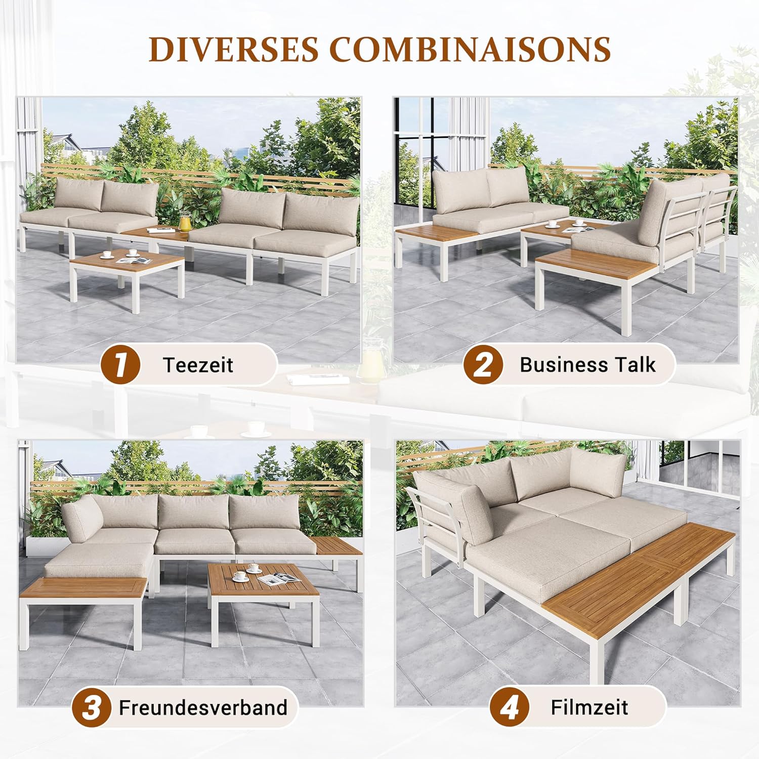 Merax Gartenmöbel Set 4-Personen, Lounge Sitzgruppe Outdoor mit Tisch, Ecksofa-Set aus verzinktem Eisen & Massivholz, für Garten Balkon Terrasse, inkl. Kissen, wetterfest Gartenlounge Set, Beige