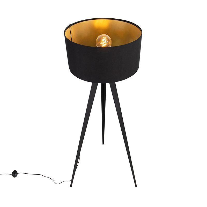 Vloerlamp zwart met kap zwart en gouden binnenkant - Ilse