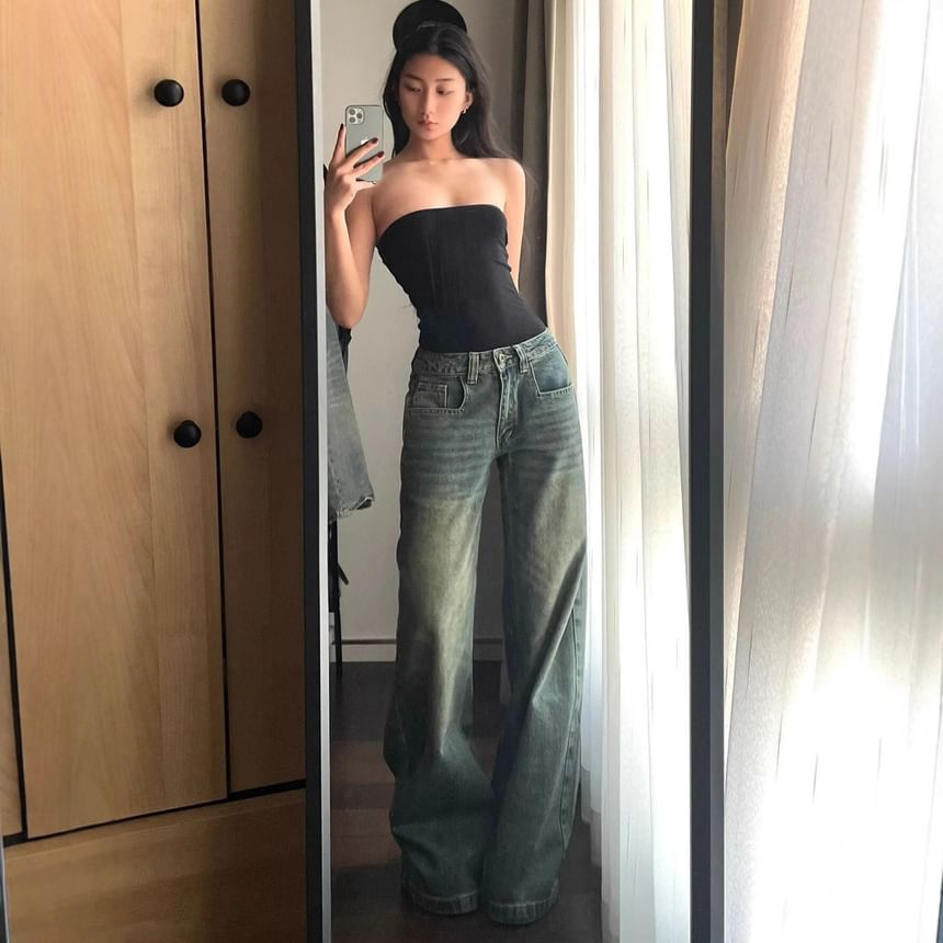 Jerolenea - Mid Waist Washed Wide Leg Jeans