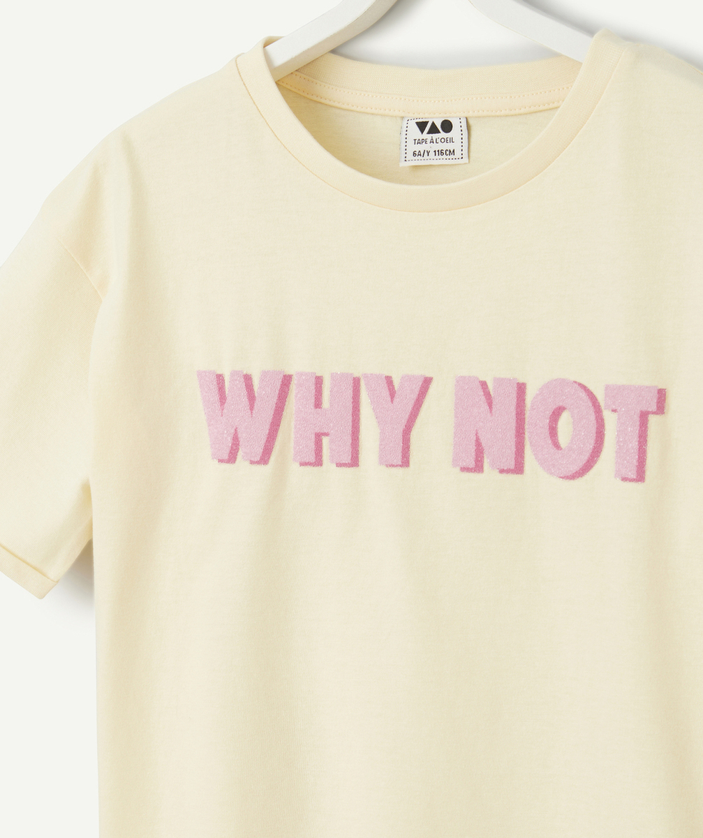 t-shirt manches courtes fille en coton bio jaune avec message en relief