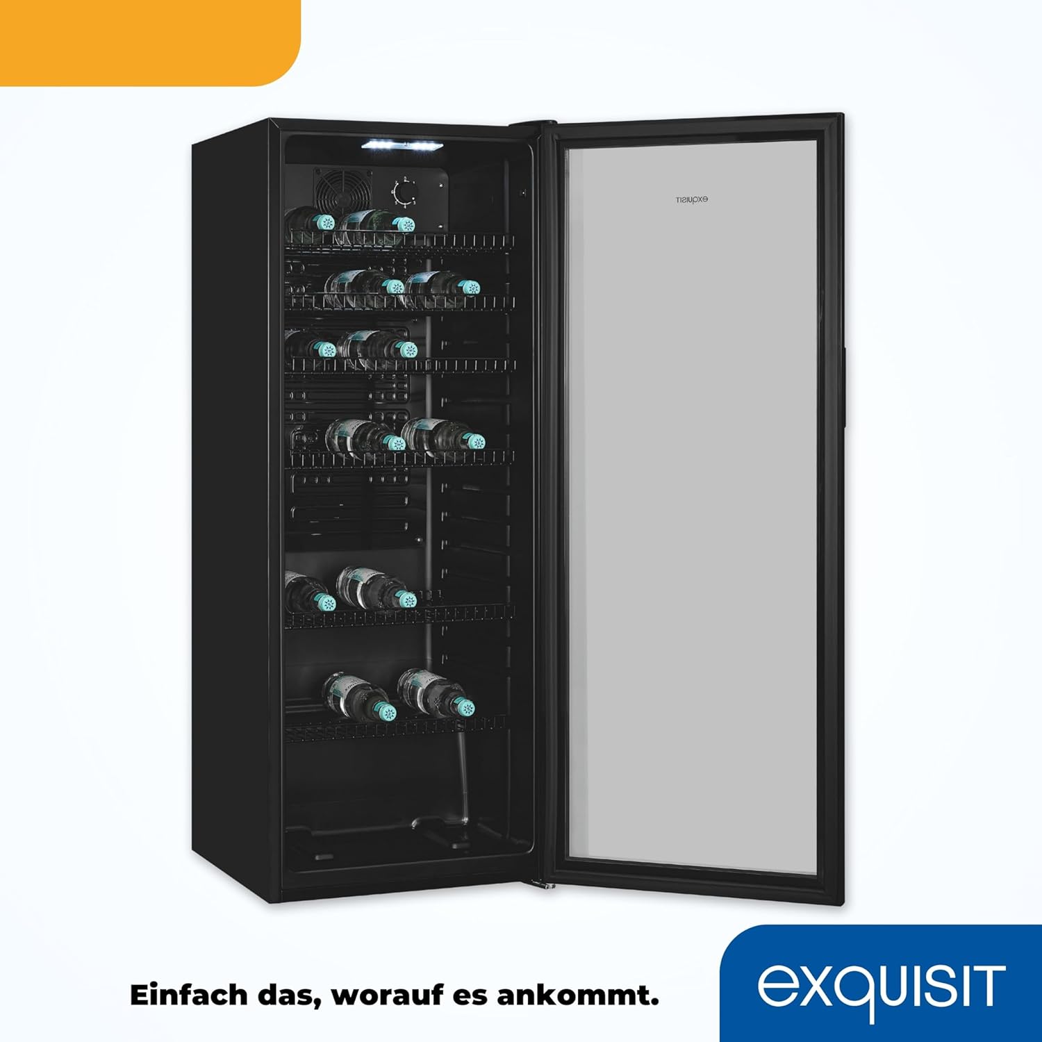 Exquisit Glastürkühlschrank GKS240-GT-160C schwarz | Nutzinhalt: 237 L | Türschloss | 6 Gitterablagen | Umluftventilator | Standgerät