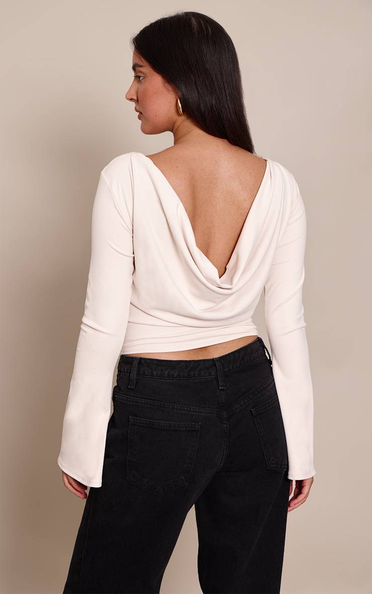 Crème Top Drapé À Manches Longues Ultra Doux Avec Dos Col Bénitier