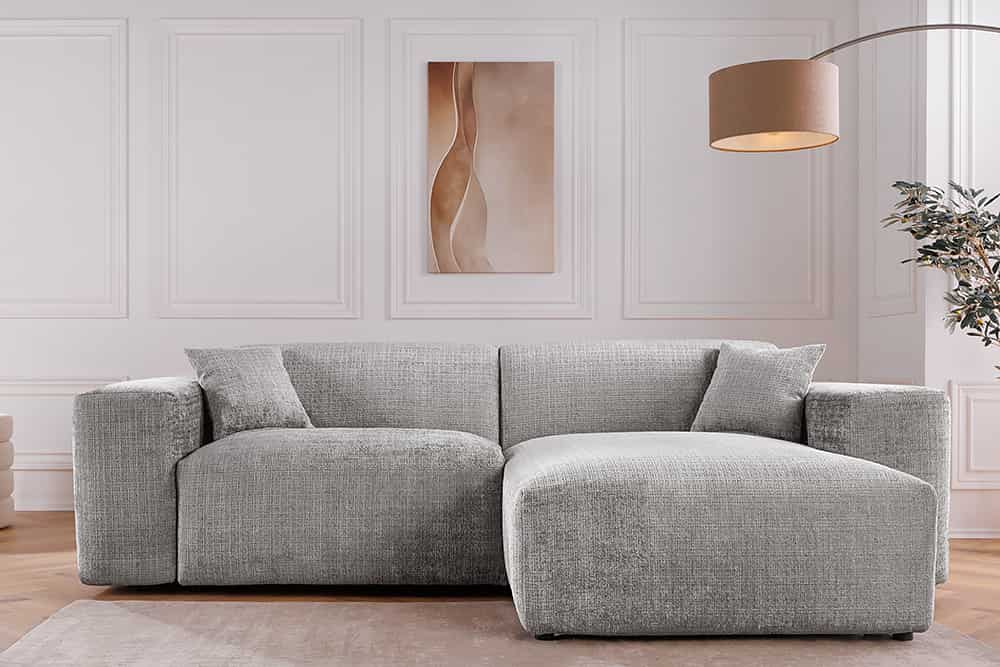 Modernes Ecksofa SIGNATUR 260cm grau Chenille Cremona beidseitig stellbar inkl. Kissen