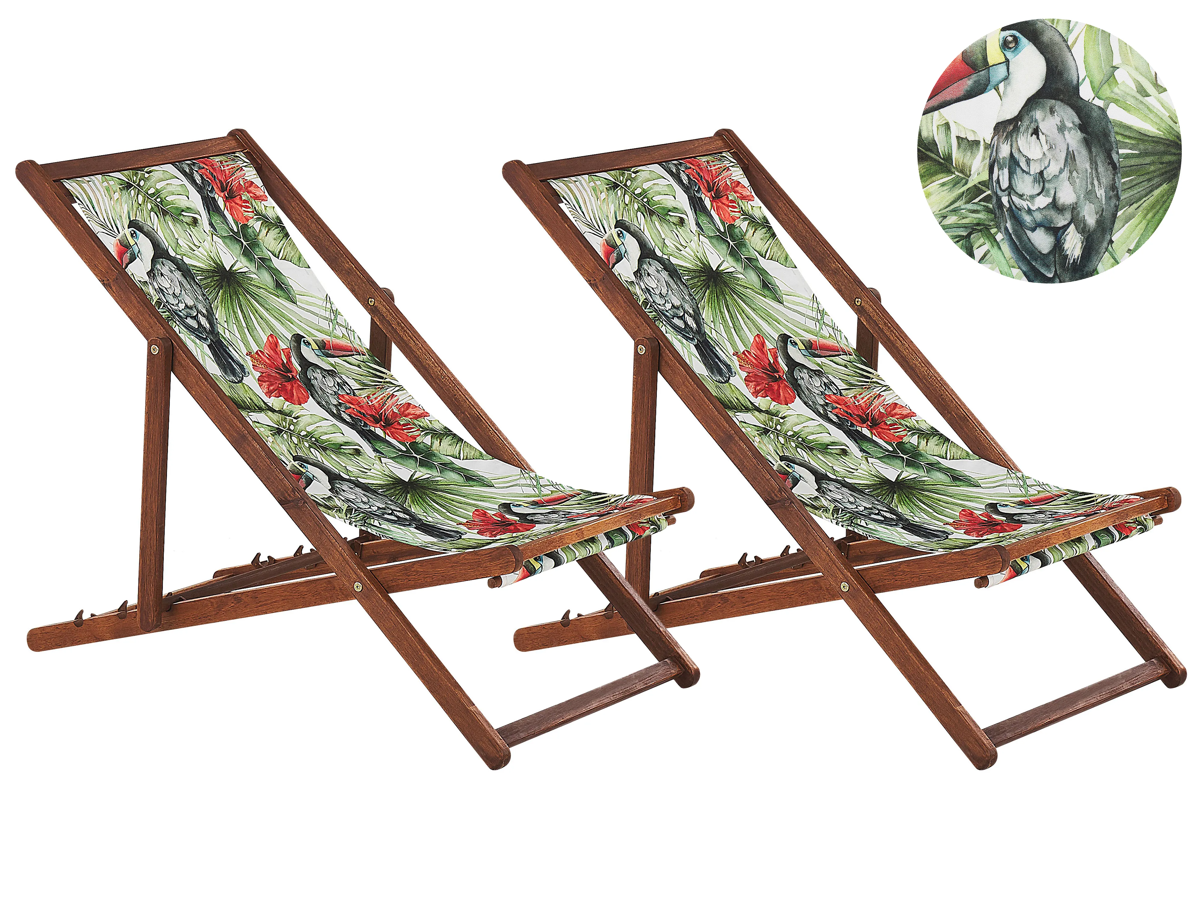 Set van 2 inklapbare ligstoelen ANZIO met vervangingshoezen Dieren motief Acaciahout Donkerbruin
