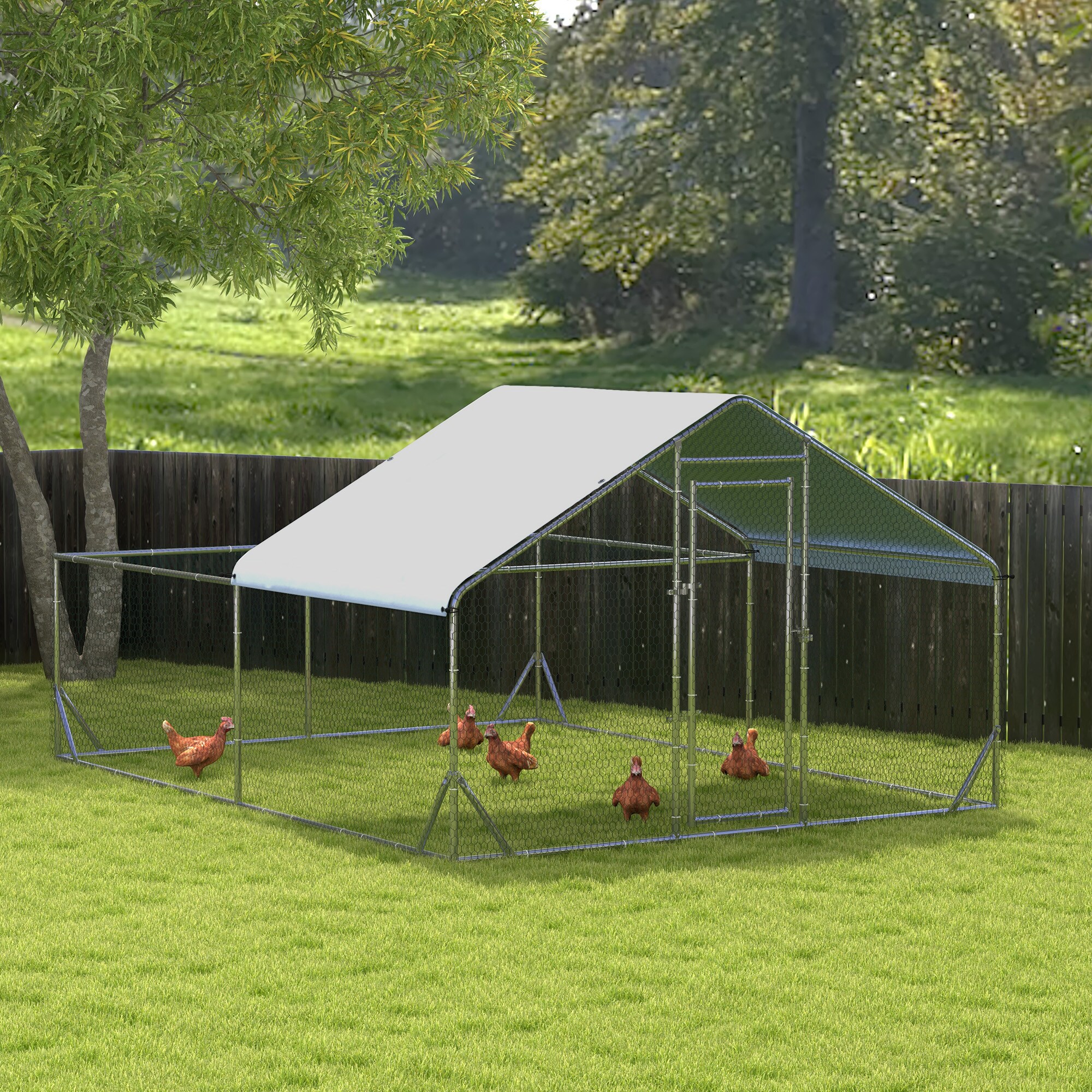 PawHut Zwerghühnerstall mit Sonnenschutzdach silber 400L x 300B x 195H cm