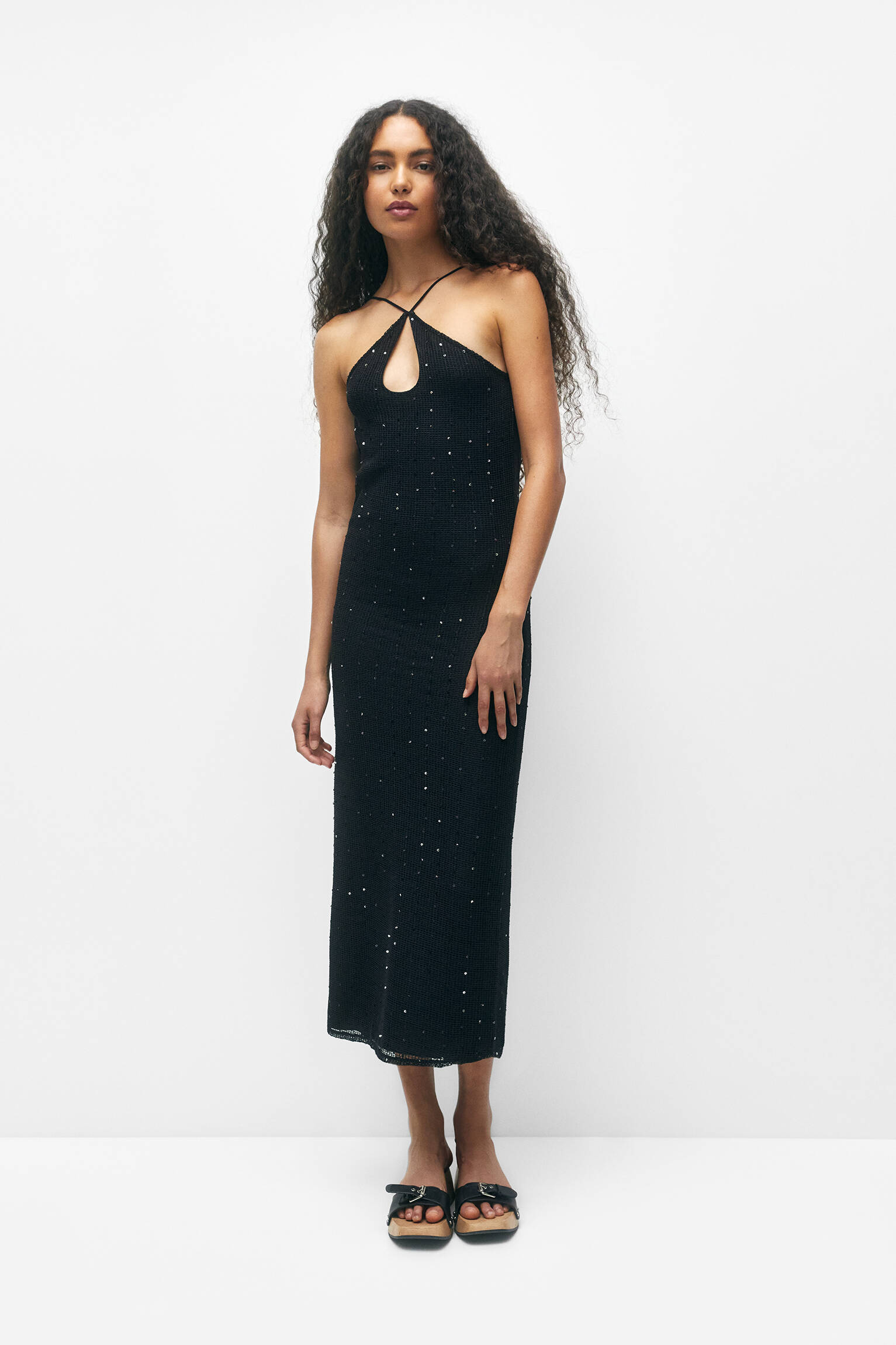 VESTIDO MIDI DE NETE COM PAETÊS - PRETO