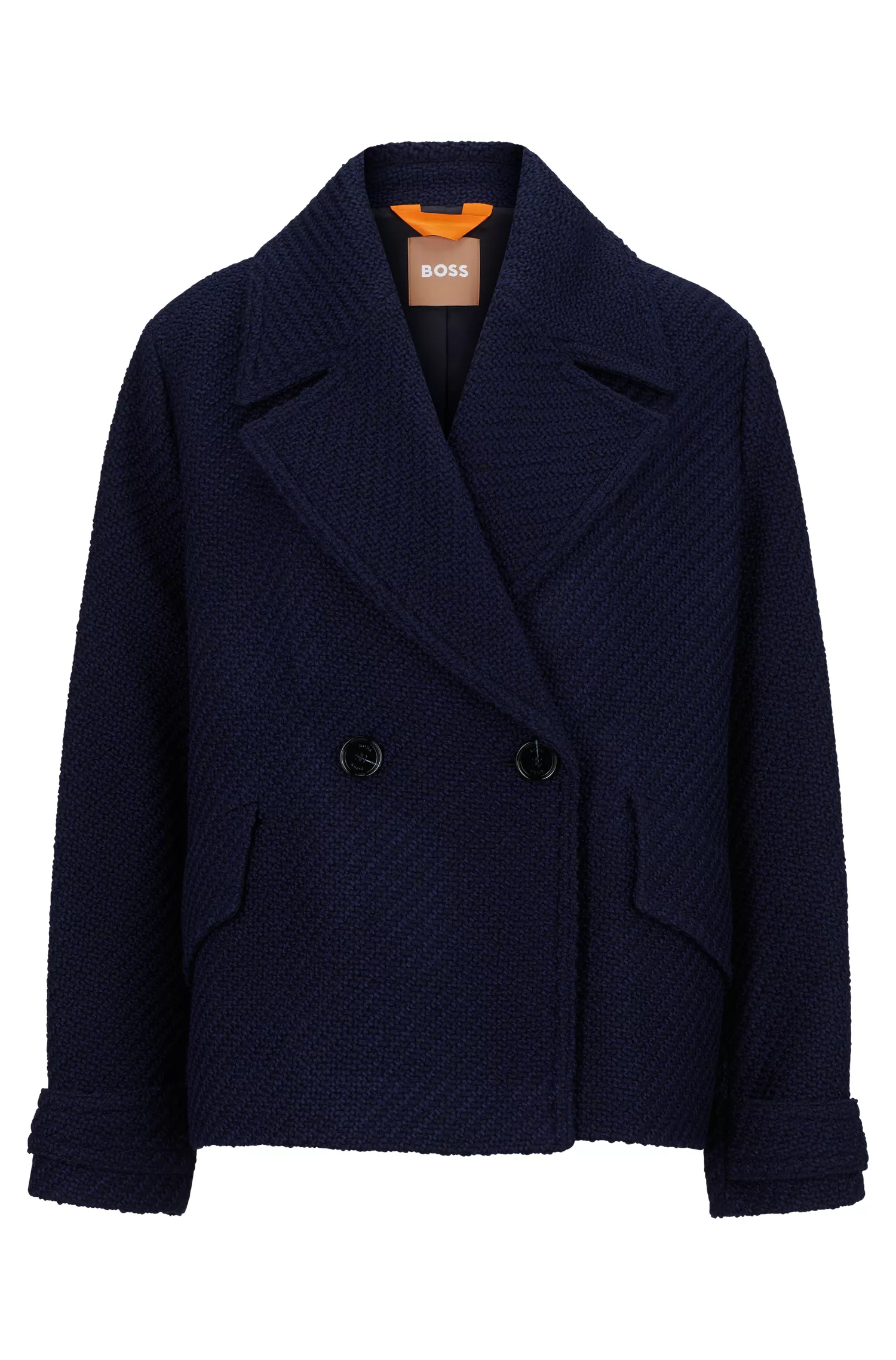 Casaco BOSS preto de corte regular em tweed estruturado com lapelas oversized.