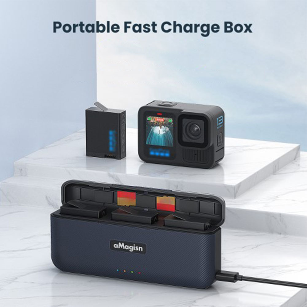 3-fach USB-C Akku Box Ladegerät   Micro SD Kartenfach für GoPro HERO13 Black - Schwarz