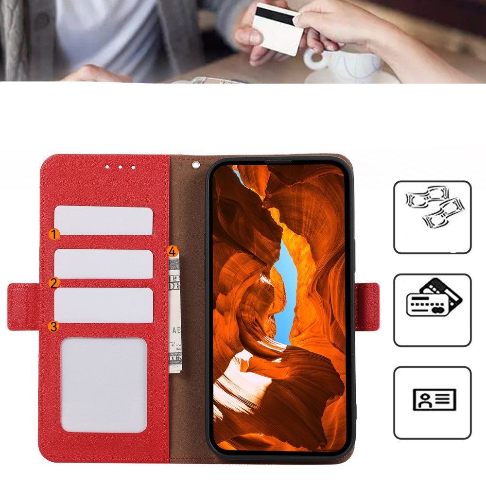 iPhone 13 Pro Leder Tasche Flip Cover Litchi Look (RFID Schutz) - Rot