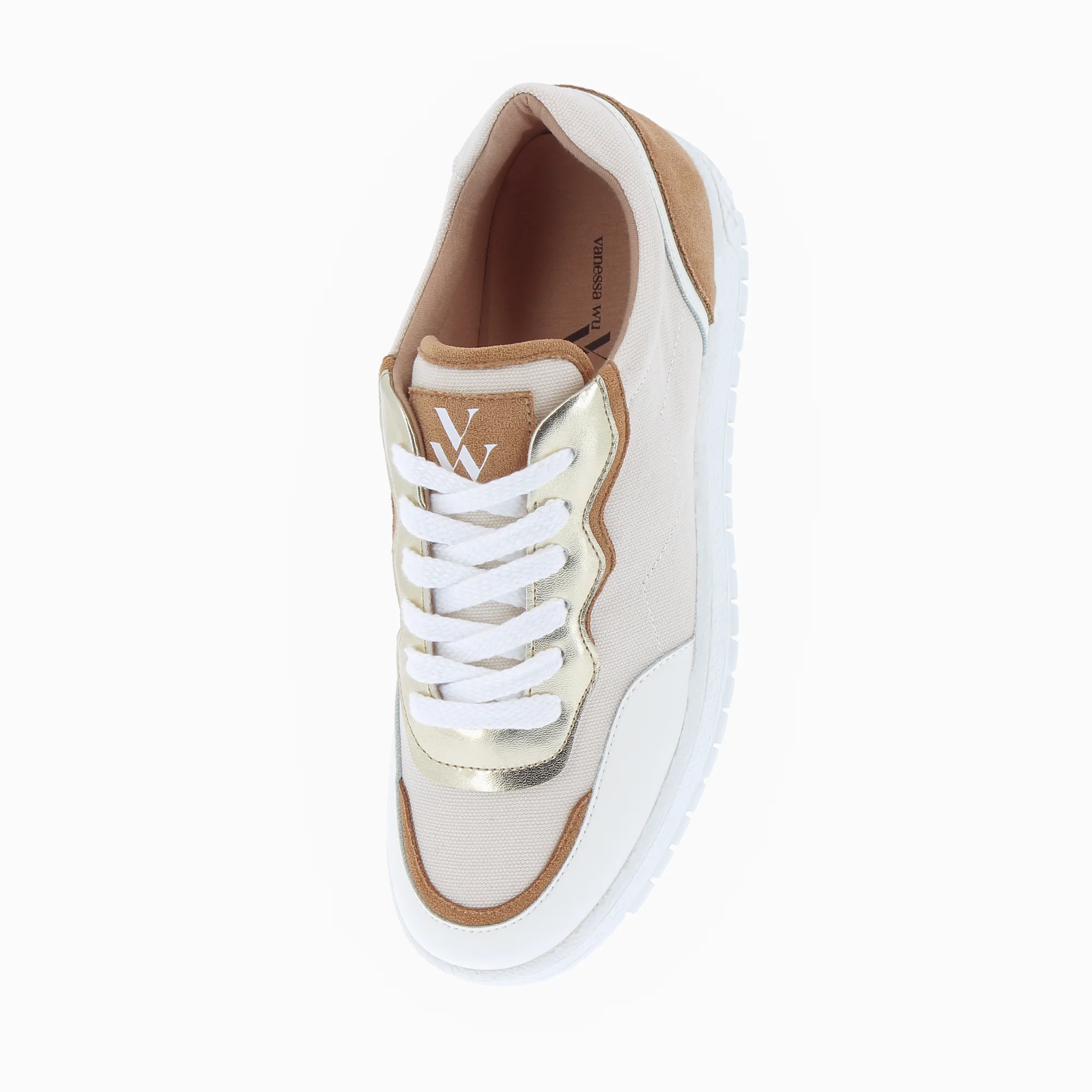 Sneakers-Baskets Enora en toile beige à détails camel et or