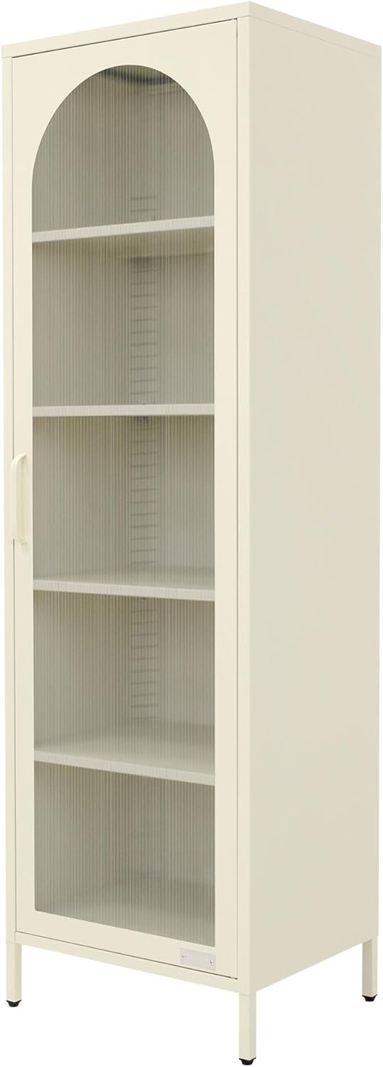 ML-Design Vitrinenschrank 45x145x35 cm, Creme, Schmale Vitrine mit 5 Ablagen und 1 Tür, Metallschrank aus Stahl, Küchenschrank Aktenschrank Büroschrank, Hochschrank für Esszimmer, Wohnzimmer, Büro