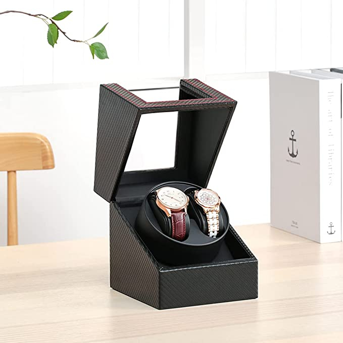 Automatische Leder Uhrenbeweger Box Rotierendes Uhren Gehäuse für 2 Uhren im Carbon Look - Schwarz / Rot