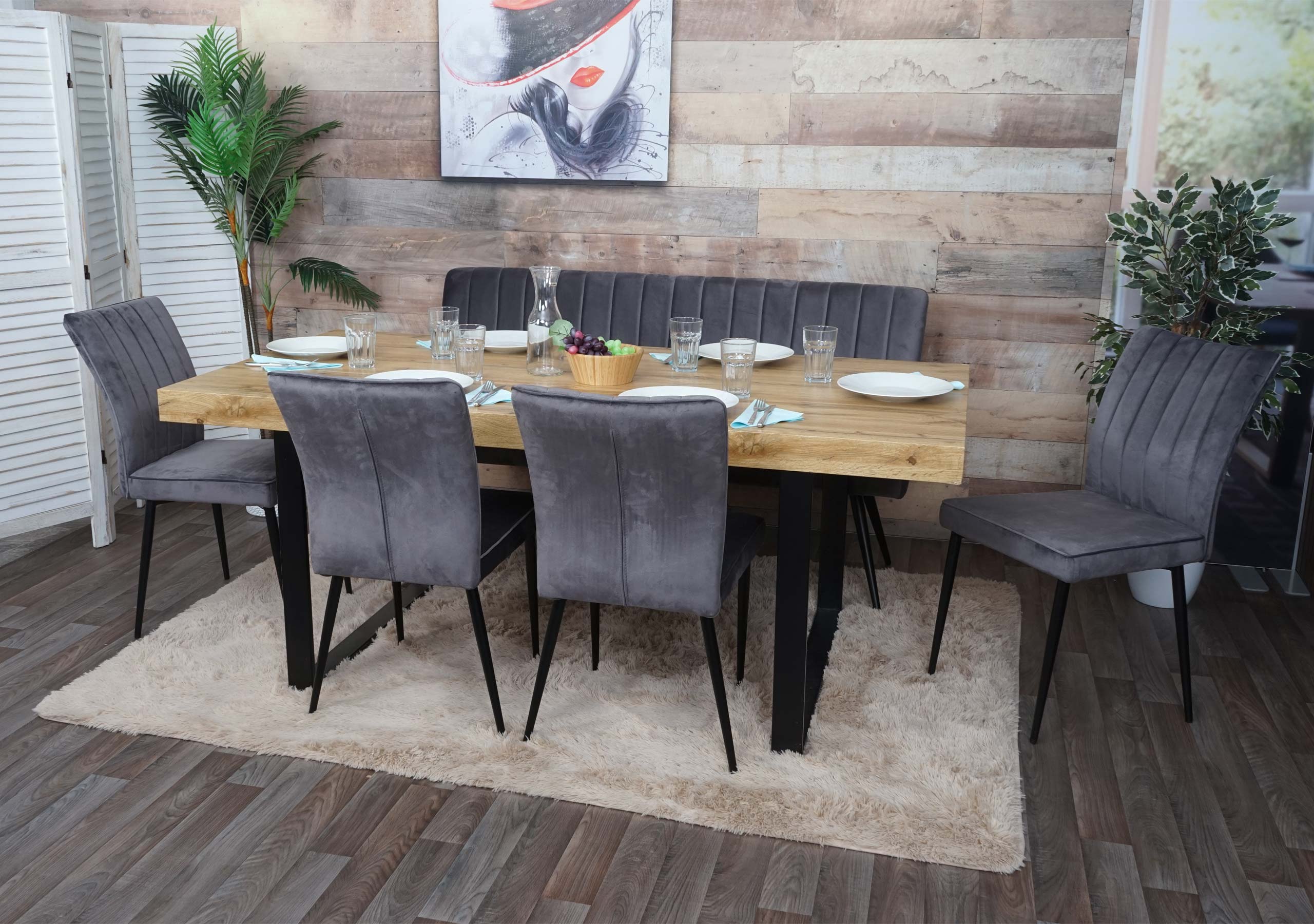 Esszimmer-Set MCW-K16, 4er-Set Stuhl+Sitzbank Esszimmergruppe Sitzgruppe Esszimmergarnitur, Samt Metall ~ dunkelgrau