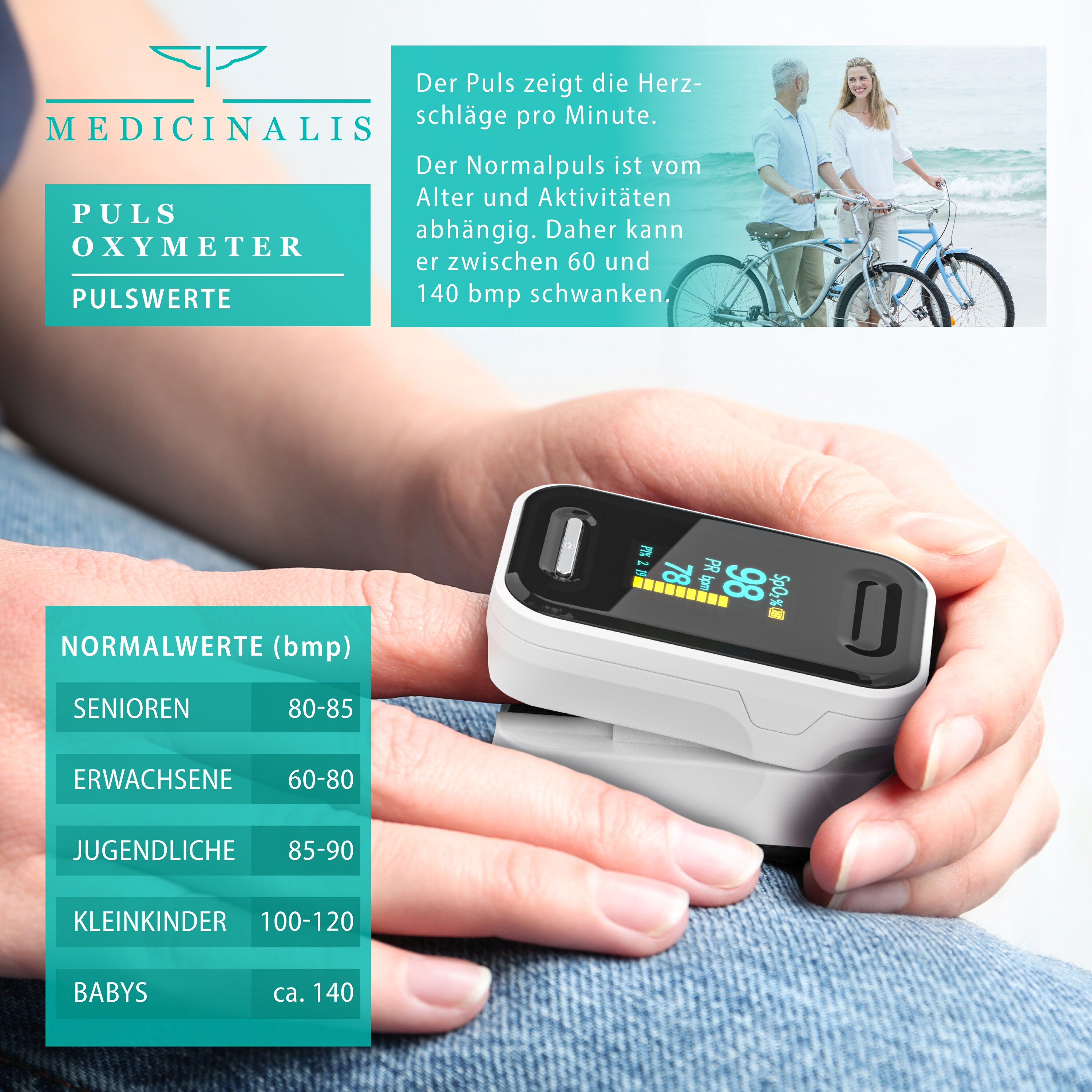 Medicinalis Pulsoximeter Finger - SpO2 Pulsmesser - Fingerpulsoximeter - Messung von Puls und Sauerstoffsättigung am Finger - OLED Display
