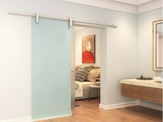 Porte coulissante avec système en applique CLEAVER - H205 x L73 cm - Verre trempé dépoli