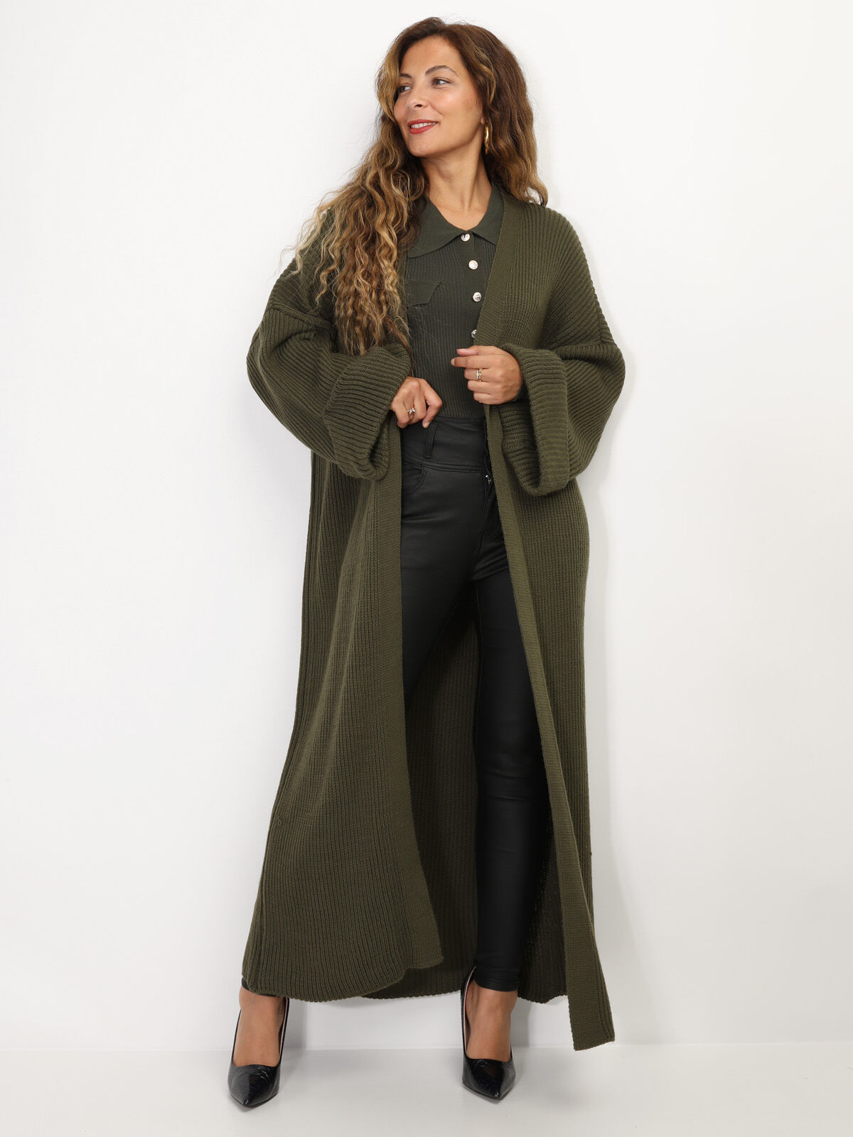 Gilet long à manches évasées- Kaki