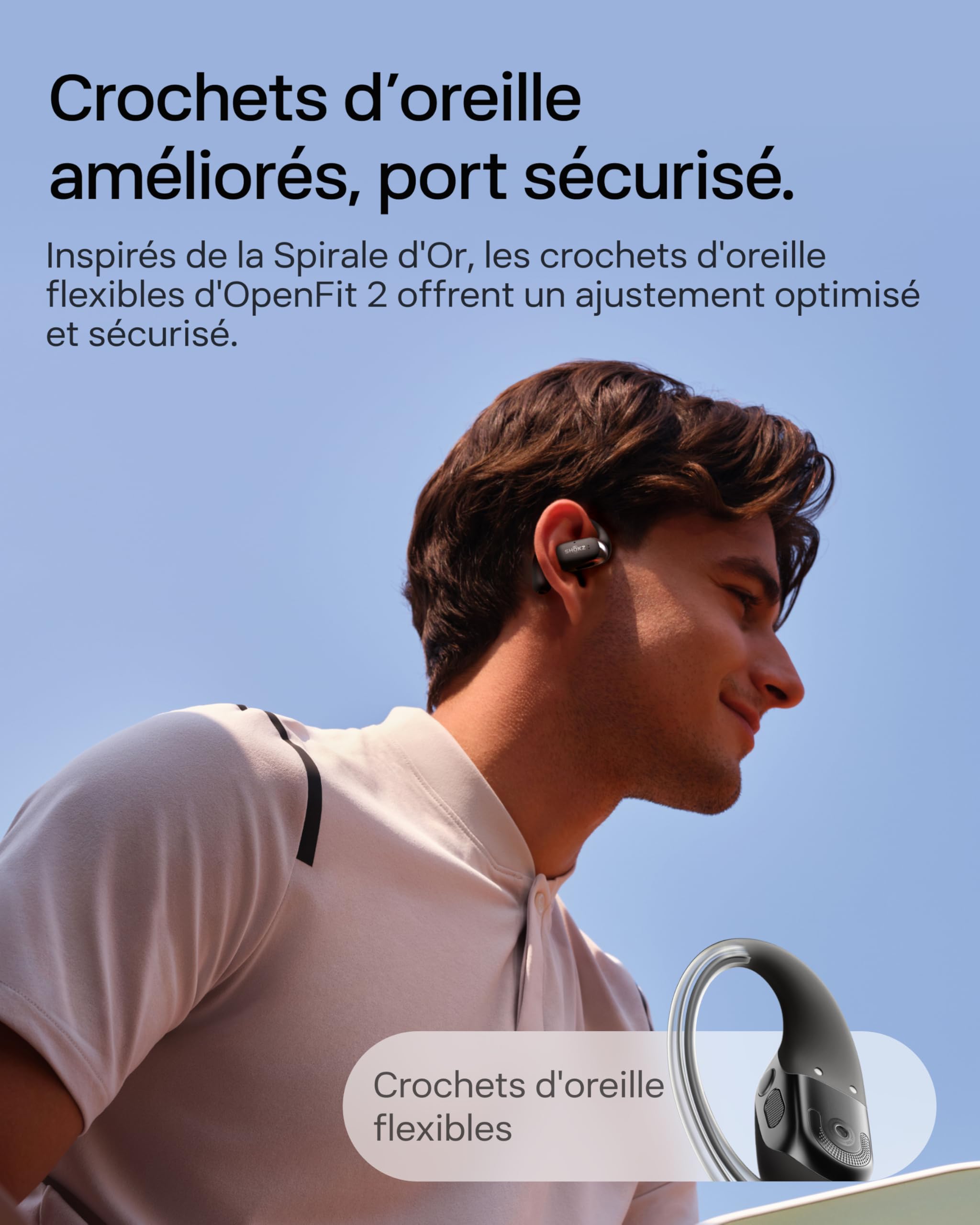 SHOKZ OpenFit 2 Casque à Oreilles Libres, écouteurs Bluetooth sans Fil avec Micro, écouteurs avec Crochet d’oreille et 48 Heures de Lecture, Charge Rapide, résistance IP55, Sac de Transport, Noir