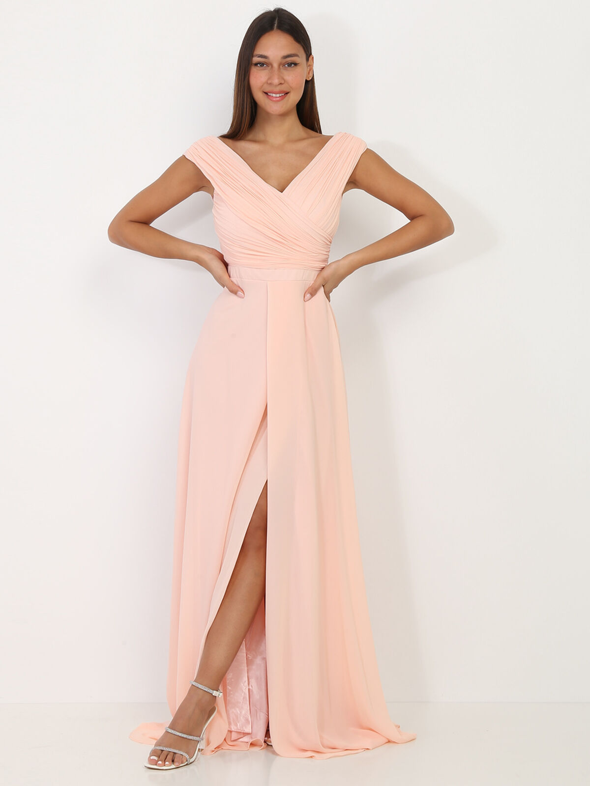 Robe longue drapée avec fente- Rose