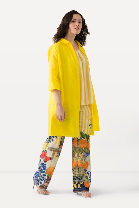Longbluse, Leinenmix, A-Linie, Hemdkragen, 3/4-Arm