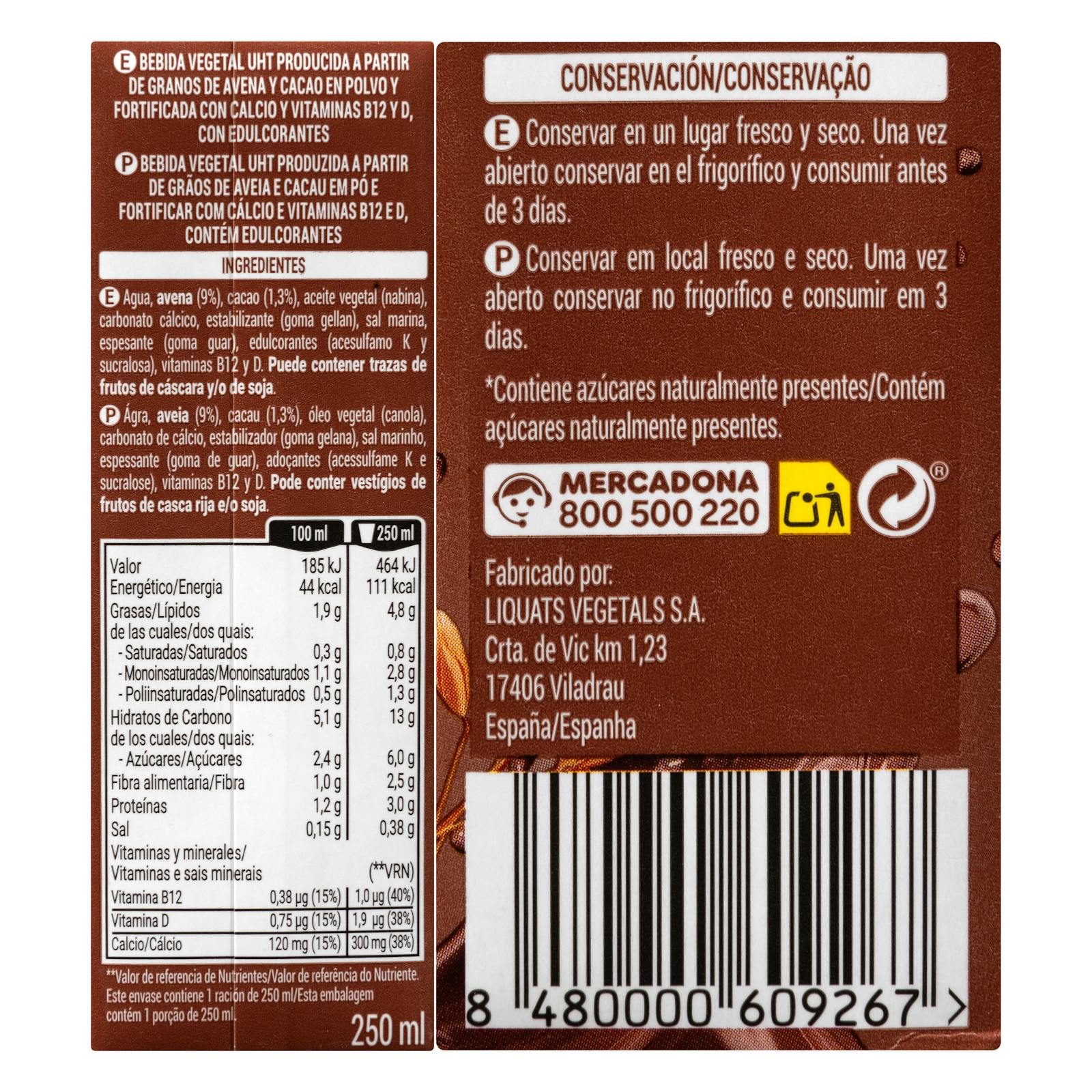 Boisson à l'avoine et au chocolat sans sucre Hacendado