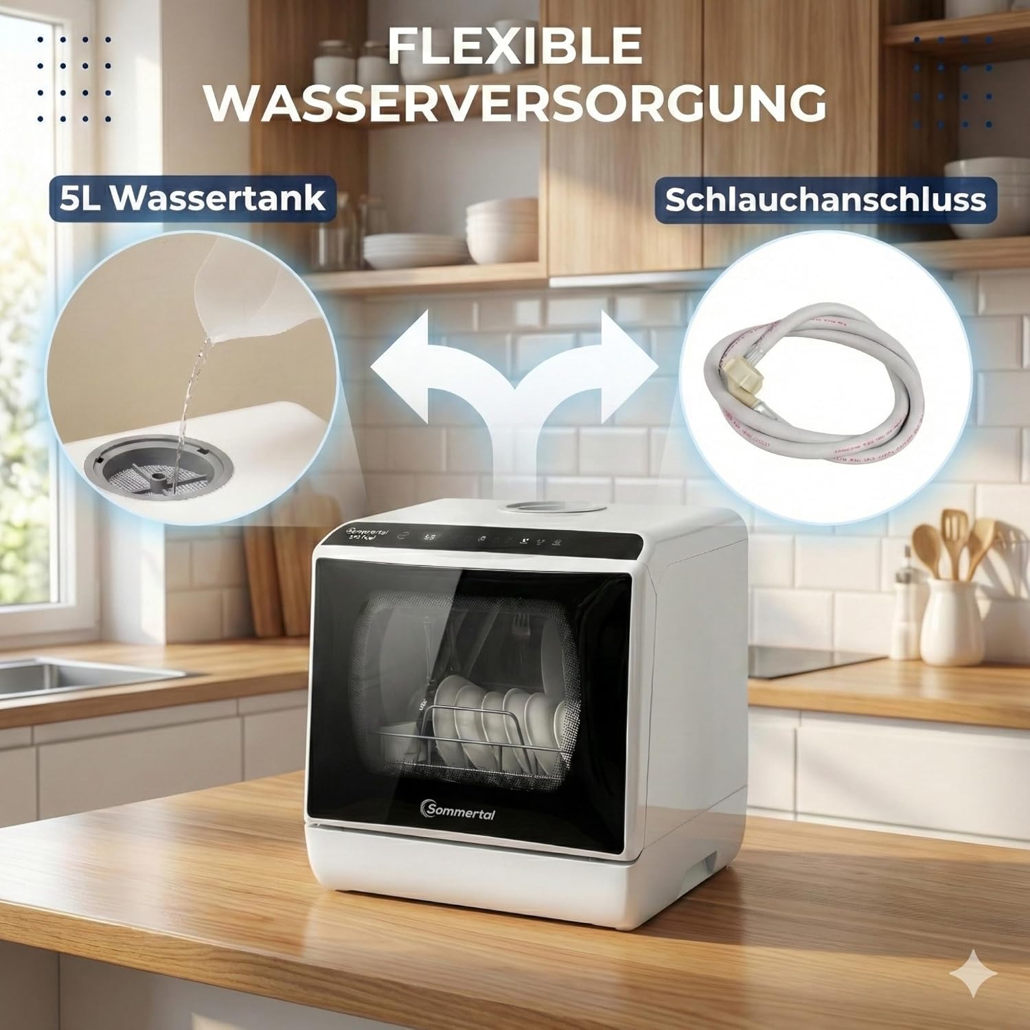 SP5 Mini Geschirrspüler | Tischgeschirrspüler für 1 bis 3 Personen | bis 28cm Teller | 6+1 Funktionen | Kleine kompakte Spülmaschine | freistehend, LED, Touch, 5L Wassertank & Festanschluss