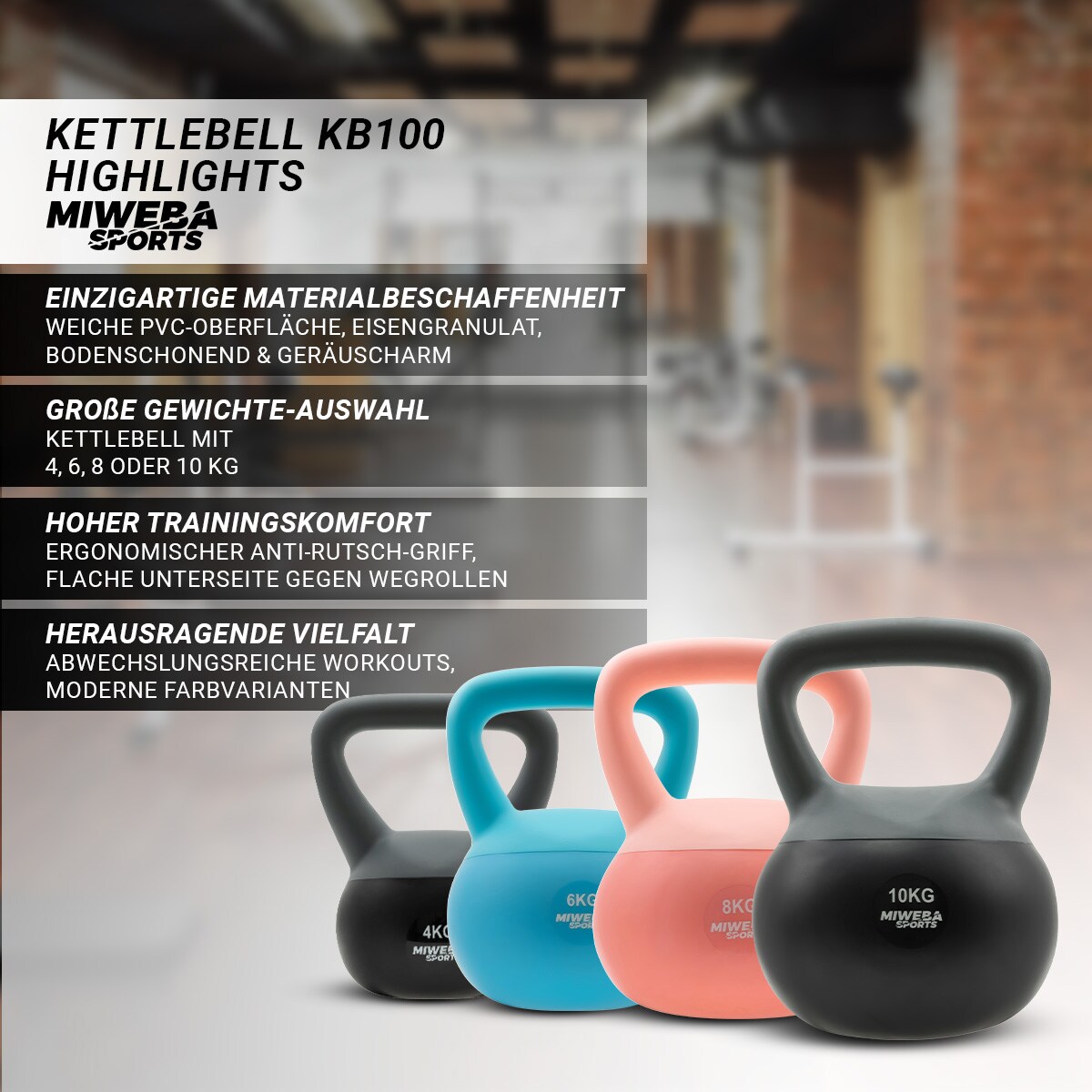 Miweba Sports Soft-Kettlebell KB100, 4-10 kg, PVC-Kugelhantel, Eisengranulat, rosa/türkis/grau (Grau, 10,0 kg)