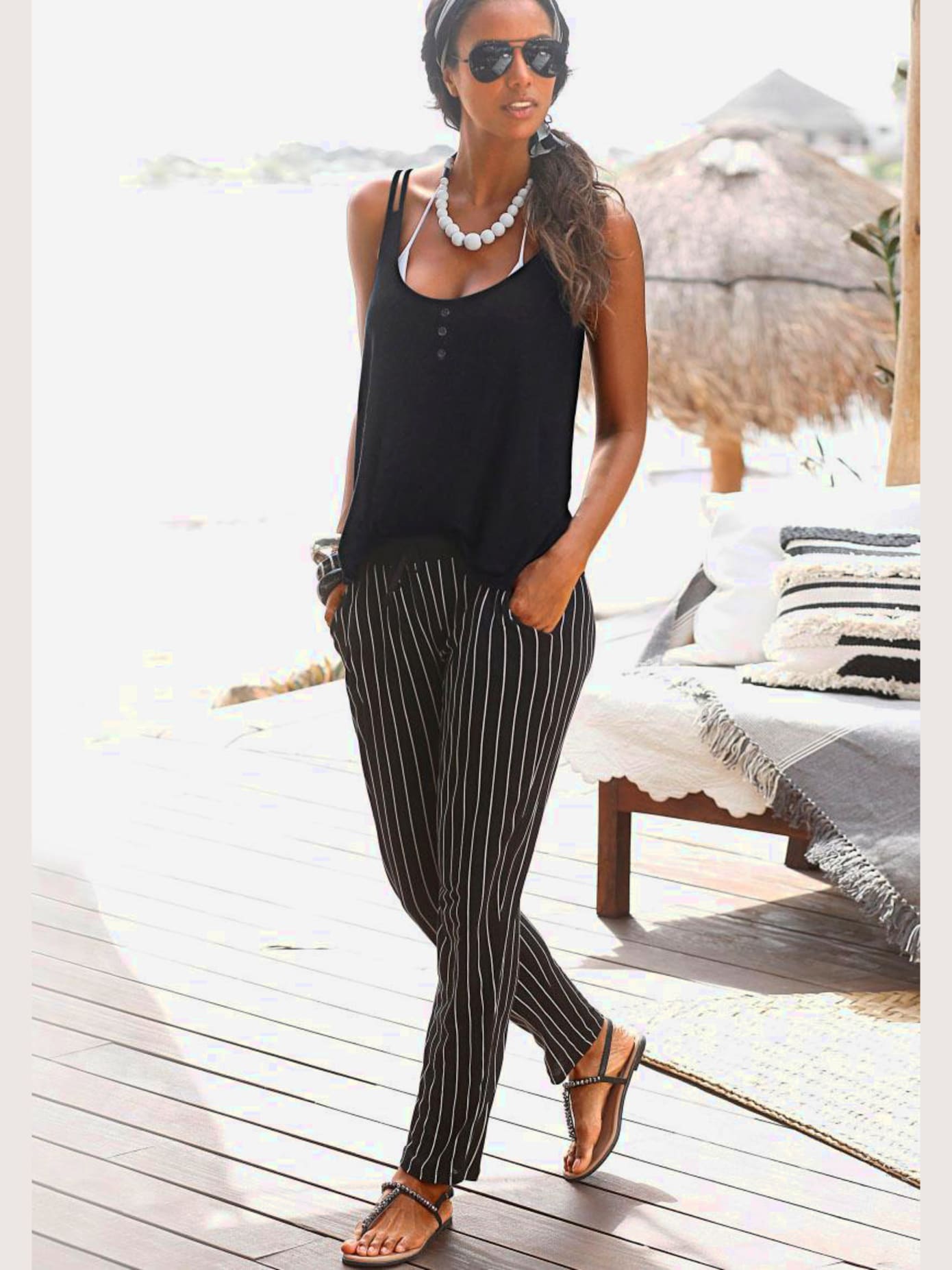 Pantalon de plage pantalon en tissu avec rayures en noir et blanc