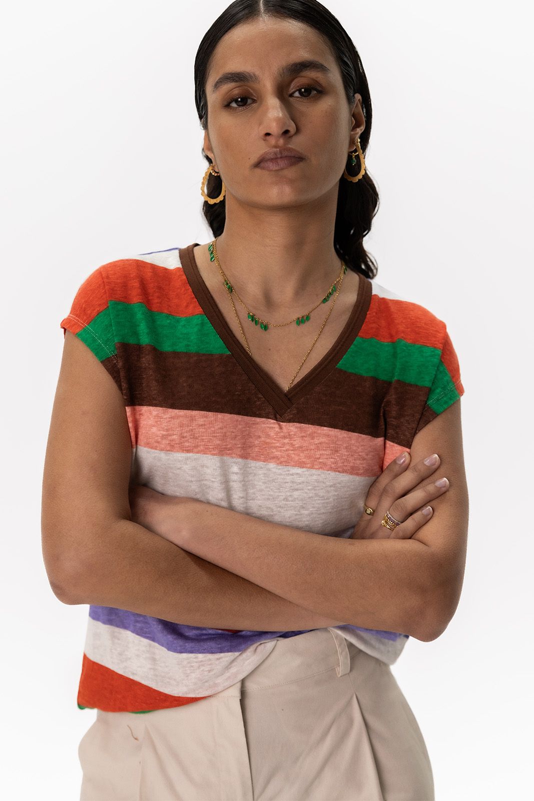 Multicolour gestreept linnen T-shirt