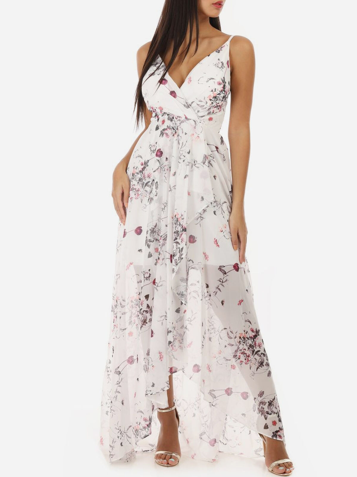 Robe longue portefeuille à fleurs- Blanc