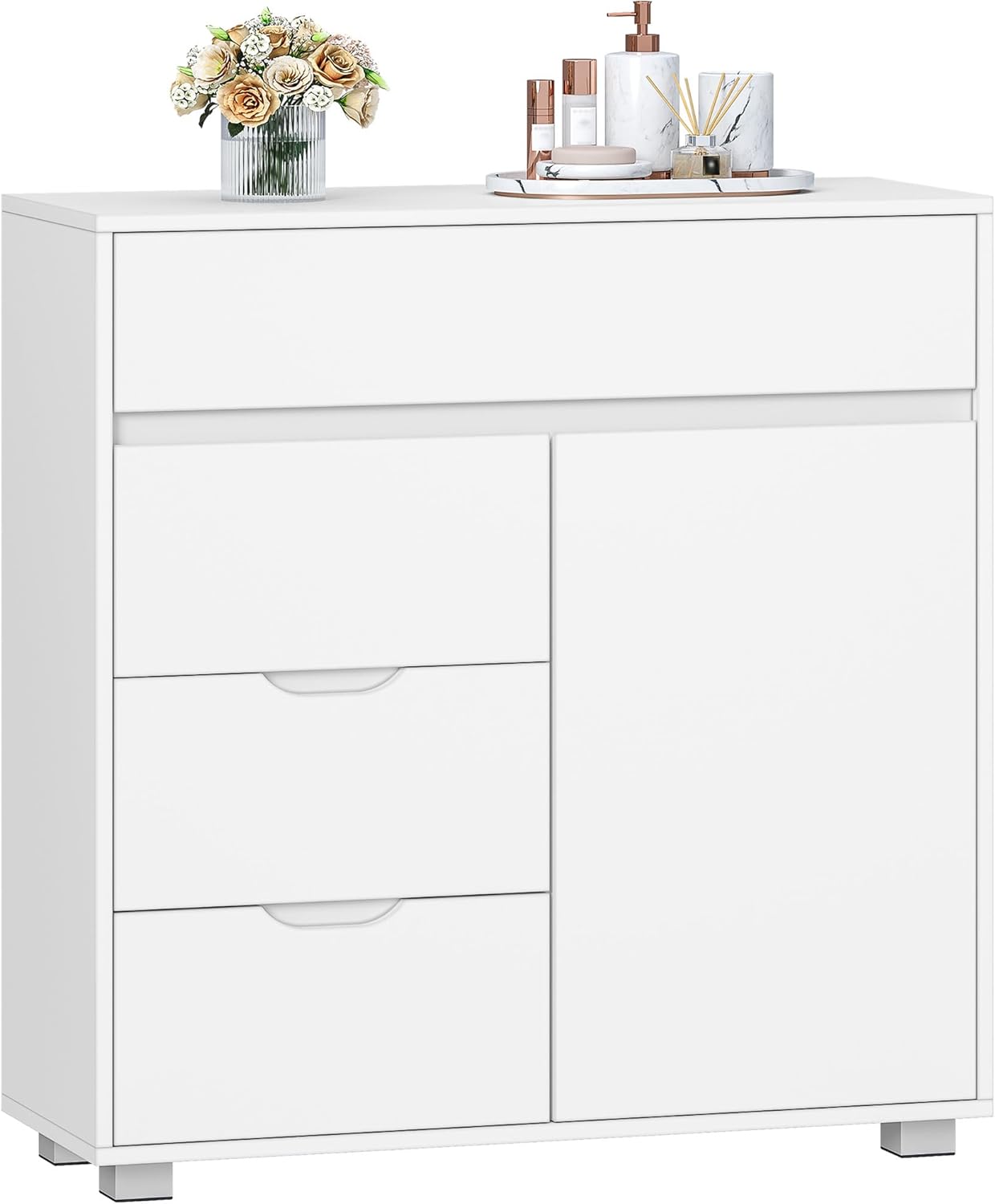 Hzuaneri Badezimmerschrank, Badschrank mit Verstellbare Ablage, Kommode mit 4 Schubladen und 1 Schranktür, Modern, für Wohnzimmer, Badezimmer, 30 x 80 x 82 cm Weiß
