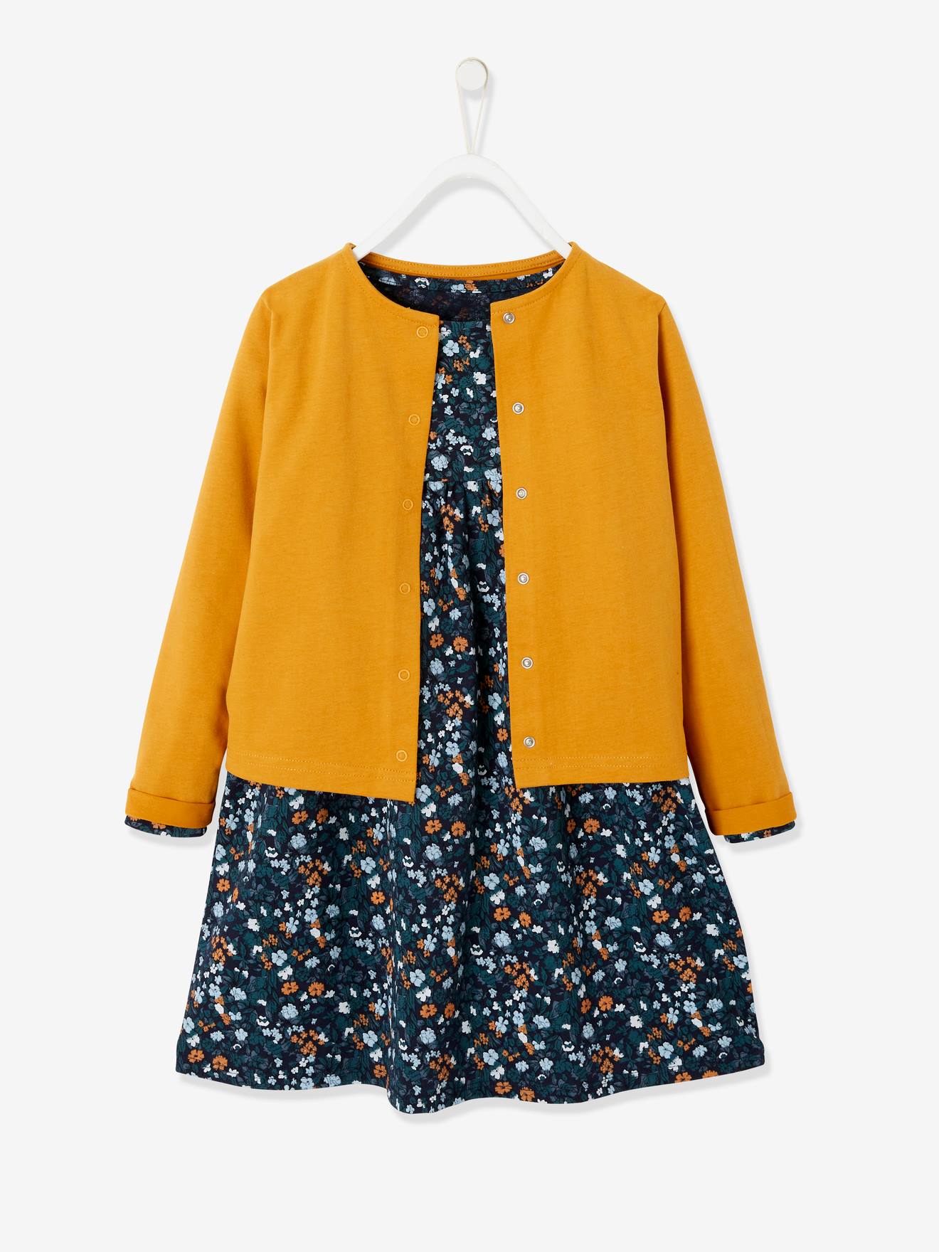 Conjunto de casaquinho e vestido com estampa floral para meninas, azul acinzentado