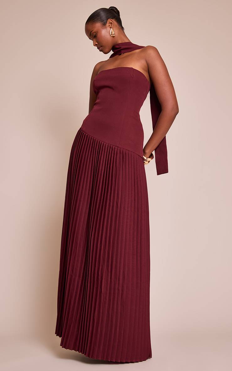 Rouge Vin Robe Maxi Plissée Asymétrique En Tissu Tissé