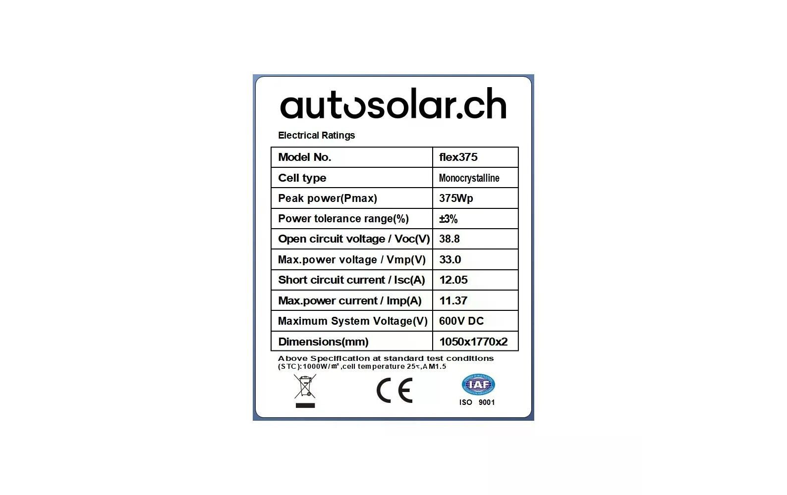 Solarpanel EFTE, flexibel, IP65, 375 W<br>Solarpanel mit MC4 Kabel, 105 x 177 x 0.2 cm