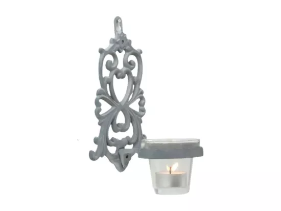 Photophore bougie Noël bougeoir mural fonte verre gris 19x13.5cm