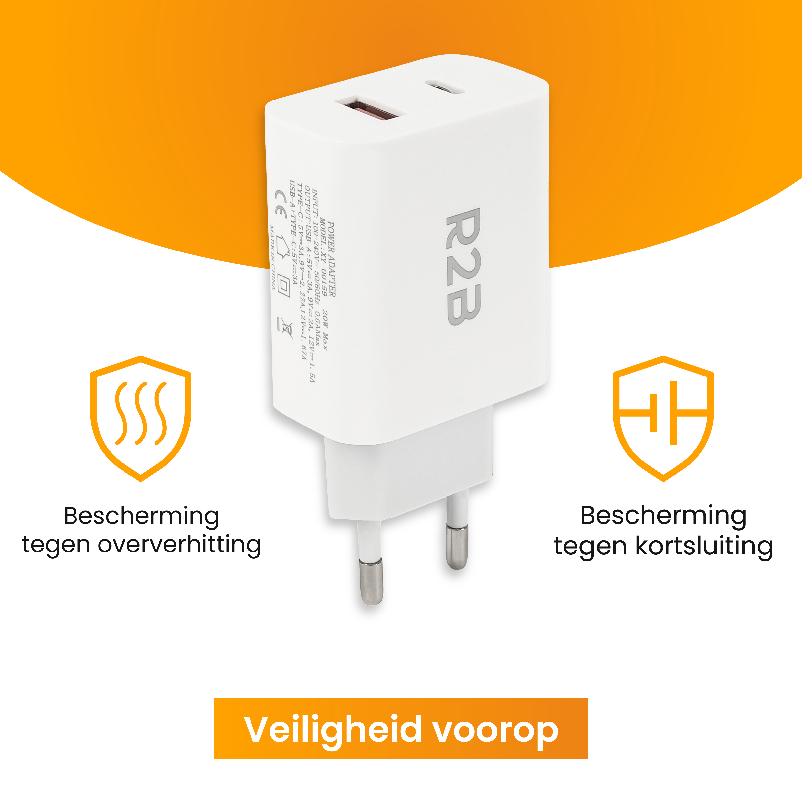 R2B 20W Witte USB A & USB C Oplader