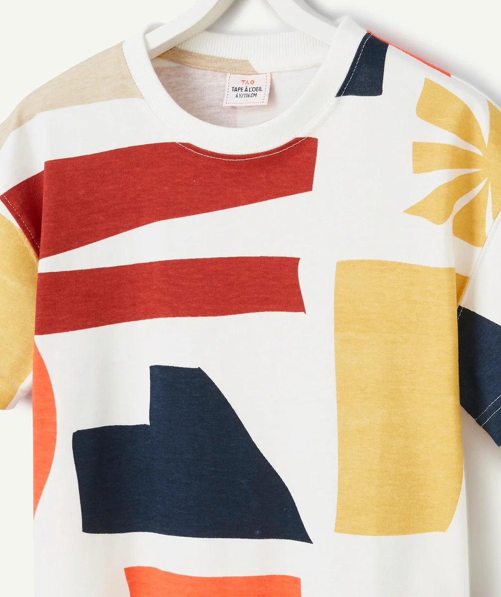 t-shirt garçon en coton bio blanc imprimé géométrique coloré