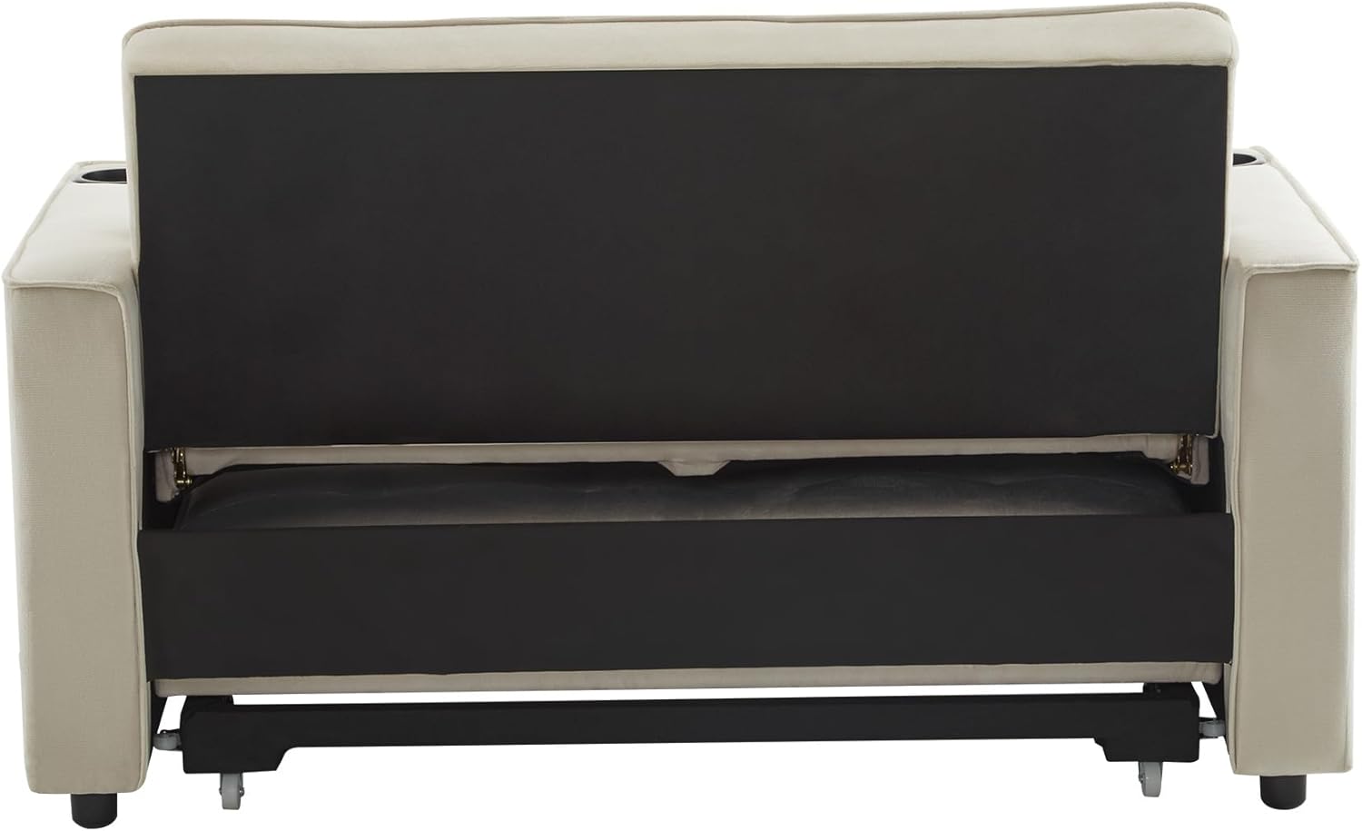 Merax Schlafsofa 2-Sitzer Sofa mit Schlaffunktion, Klappbares 3-in-1 Schlafcouch mit Verstellbarer Rückenlehne, Getränkehalter und Armlehnentaschen, aus Samt, Beige 137 x 76.5 x 83 cm
