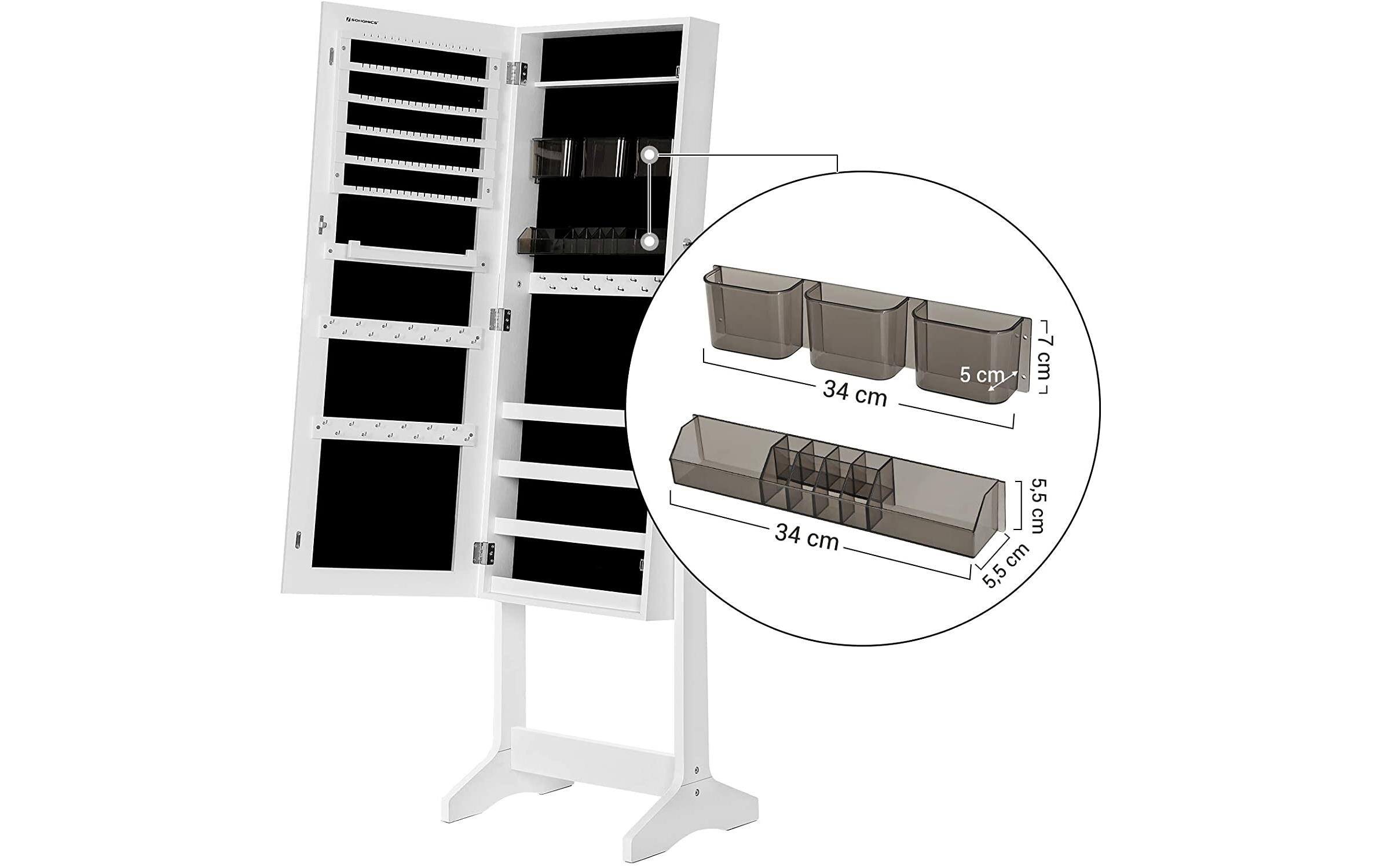 Schmuckhalter mit Spiegel 152 cm, Weiss<br>Schmuckschrank stehend