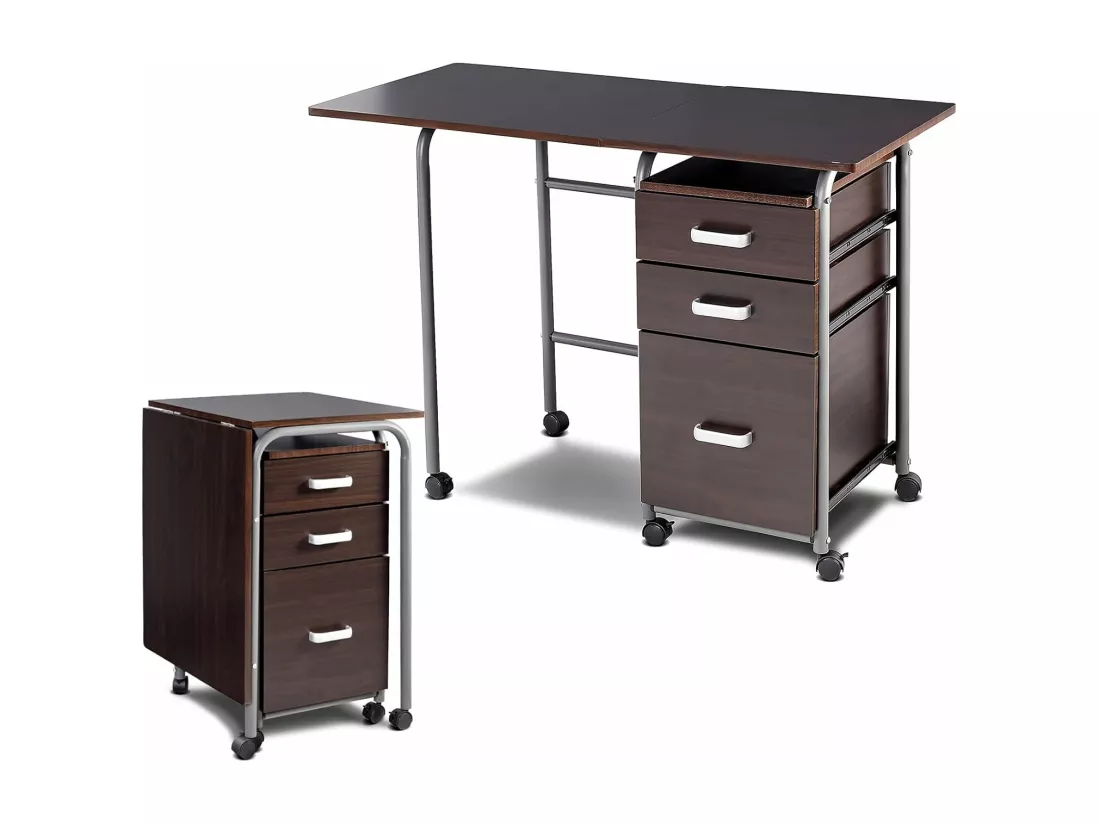 Bureau Pliable avec 3 Tiroirs, Table d'Écriture Roues Verrouillables, Bureau à Domicile Roulant avec Cadre en Métal, Bureau Compact pour Dortoir, Appartement (Marron)