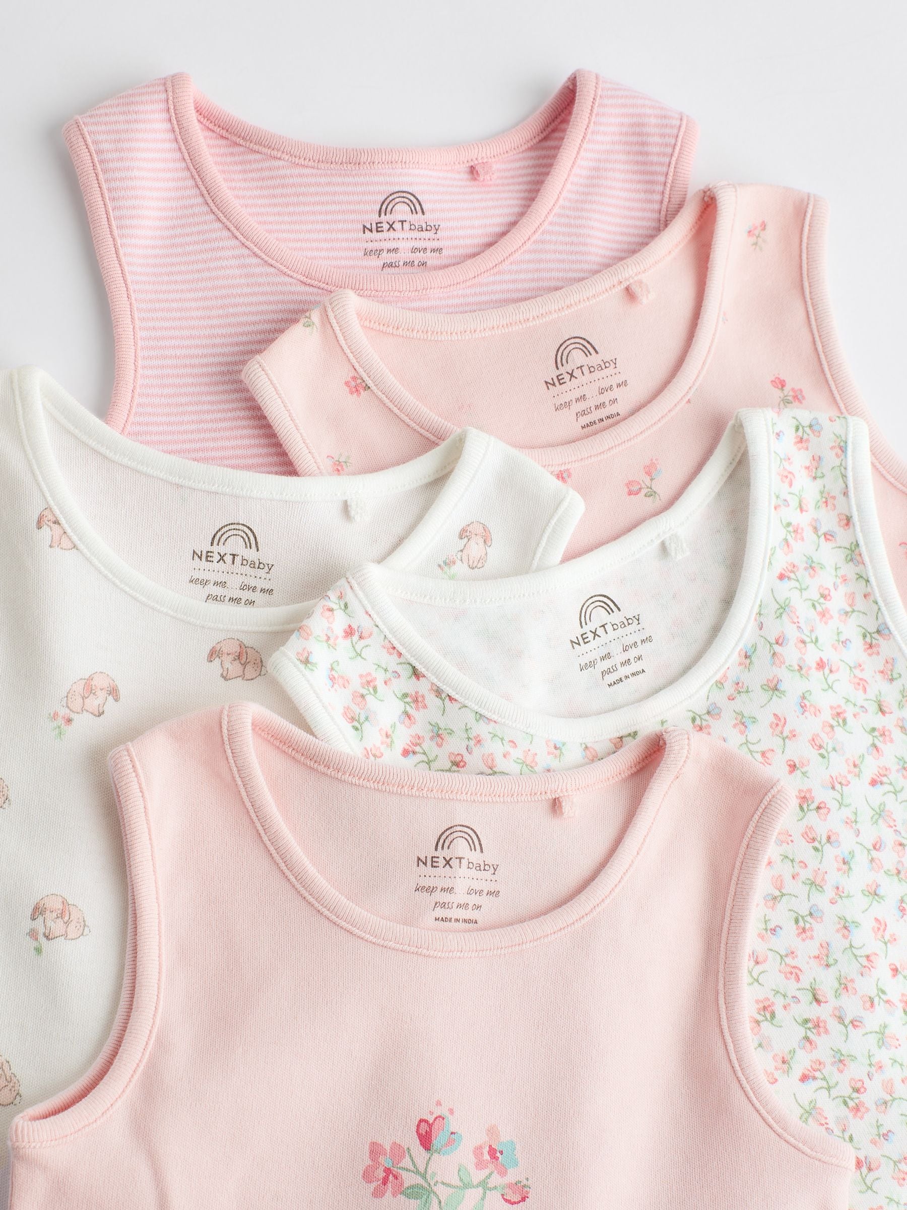 Roze met konijnen - Set van 5 katoenen hemdrompertjes voor baby's