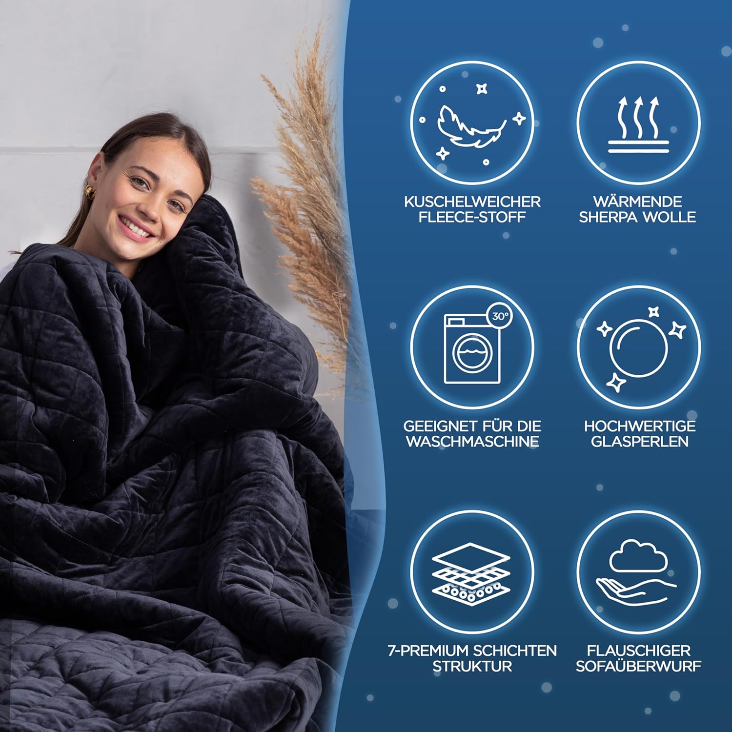 Gewichtsdecke 135x200cm 8kg Sherpa Fleece - Oeko-Tex Zertifiziert - Therapiedecke & Entspannungsdecke - Besser schlafen mit unserer schweren Bettdecke - Weighted Blanket - Schwarz