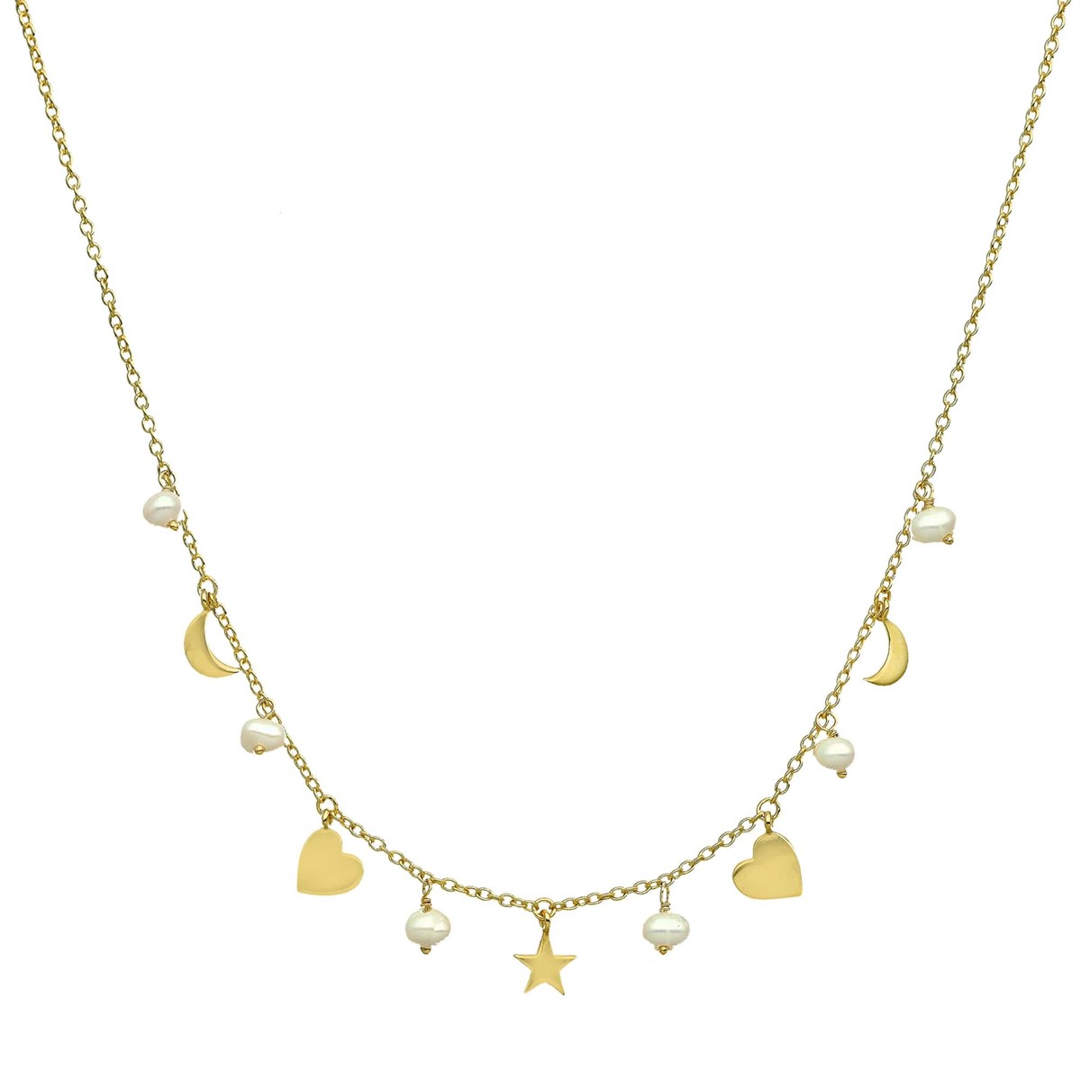 Collier Argent Doré étoile Coeur Et Perles Naturelles Blanches