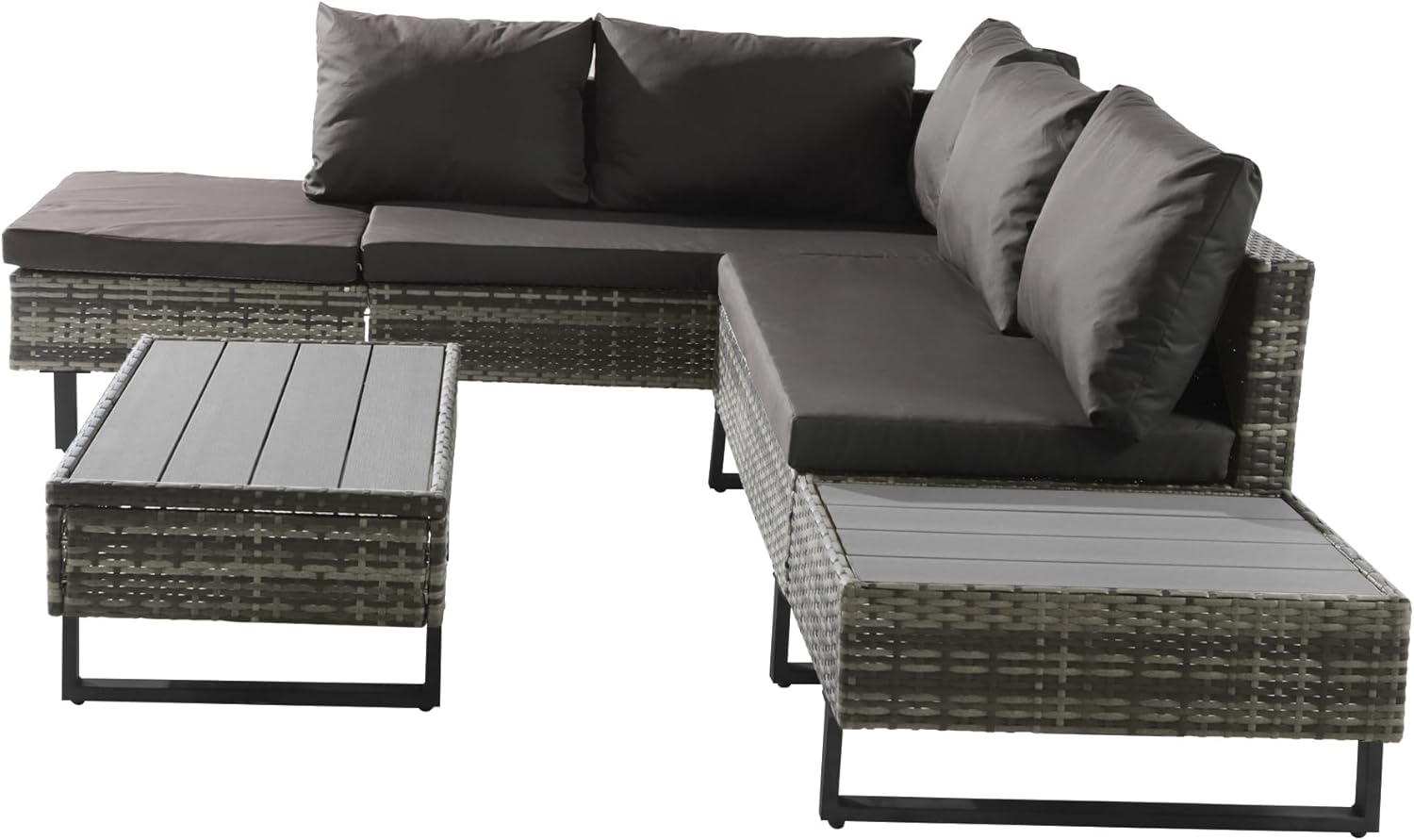 Merax Rattan Gartenmöbel Set mit 4–5 Sitzplätze, Outdoor Balkonmöbel, mit Liegefunktion und Kunststoffplatte Couchtisch, Terrassenmöbel mit Kissen für Balkon Terrasse, Gartenlounge Set, Grau