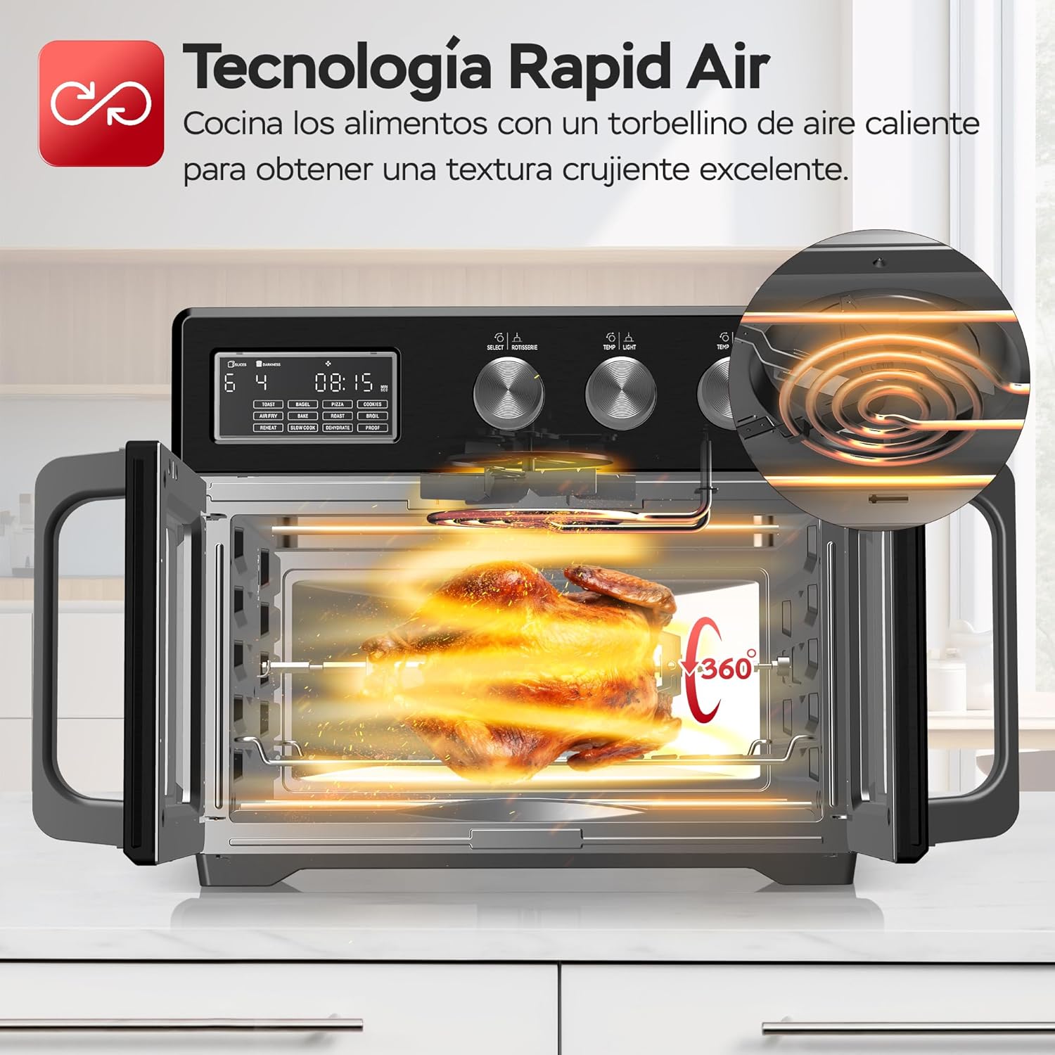 TurboTronic Mini Backofen - 4in1 Heißluftofen und Heißluftfritteuse XXL Version 32L inkl. Drehspieß & viel Zubehör, Dörrgerät ab 25°C & Grill, Airfryer, kleine Mini Tisch Back Pizzaofen (schwarz)