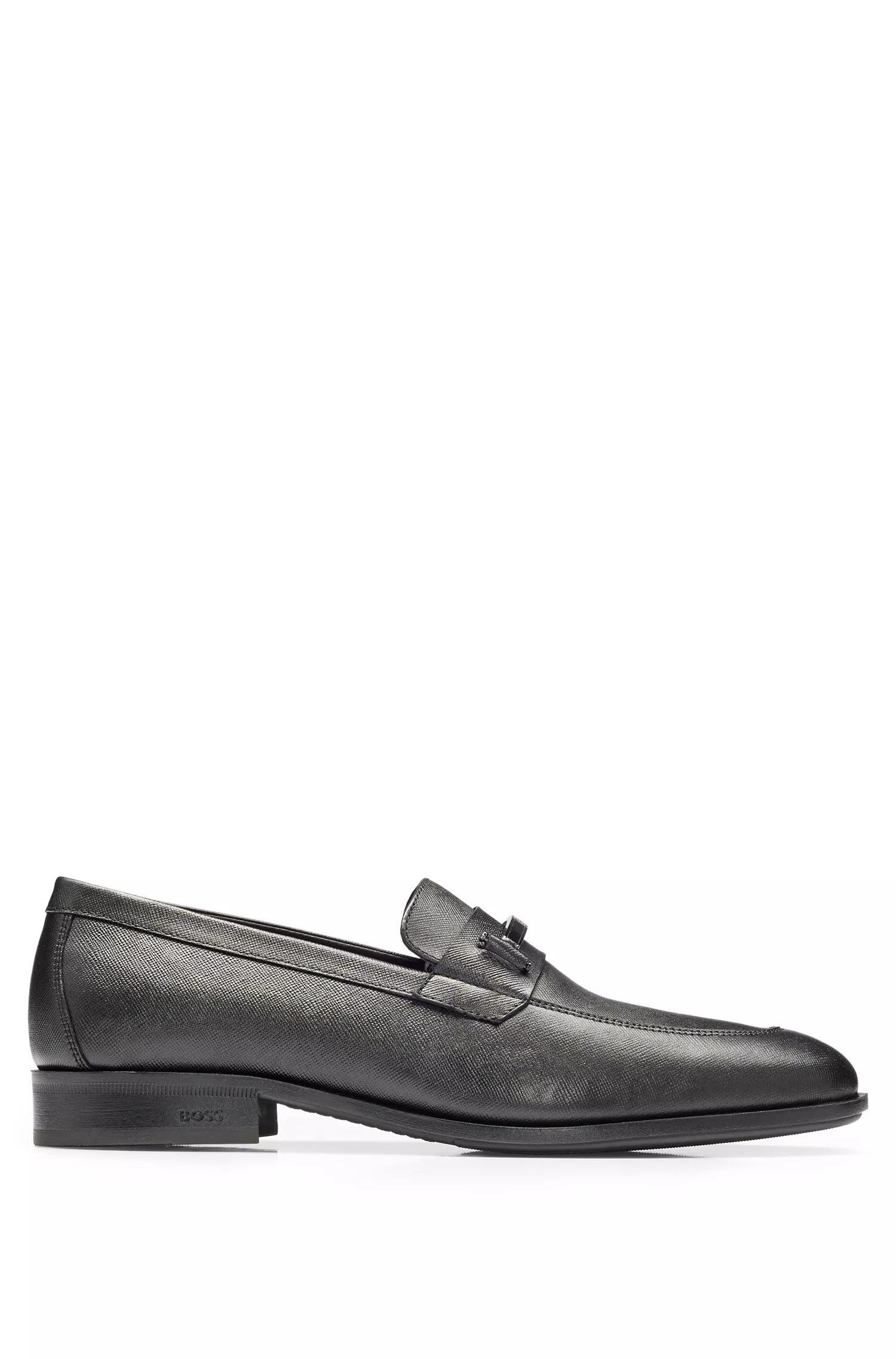 Mocassins BOSS Black-Penny em couro com estampa Saffiano e palmilha acolchoada.